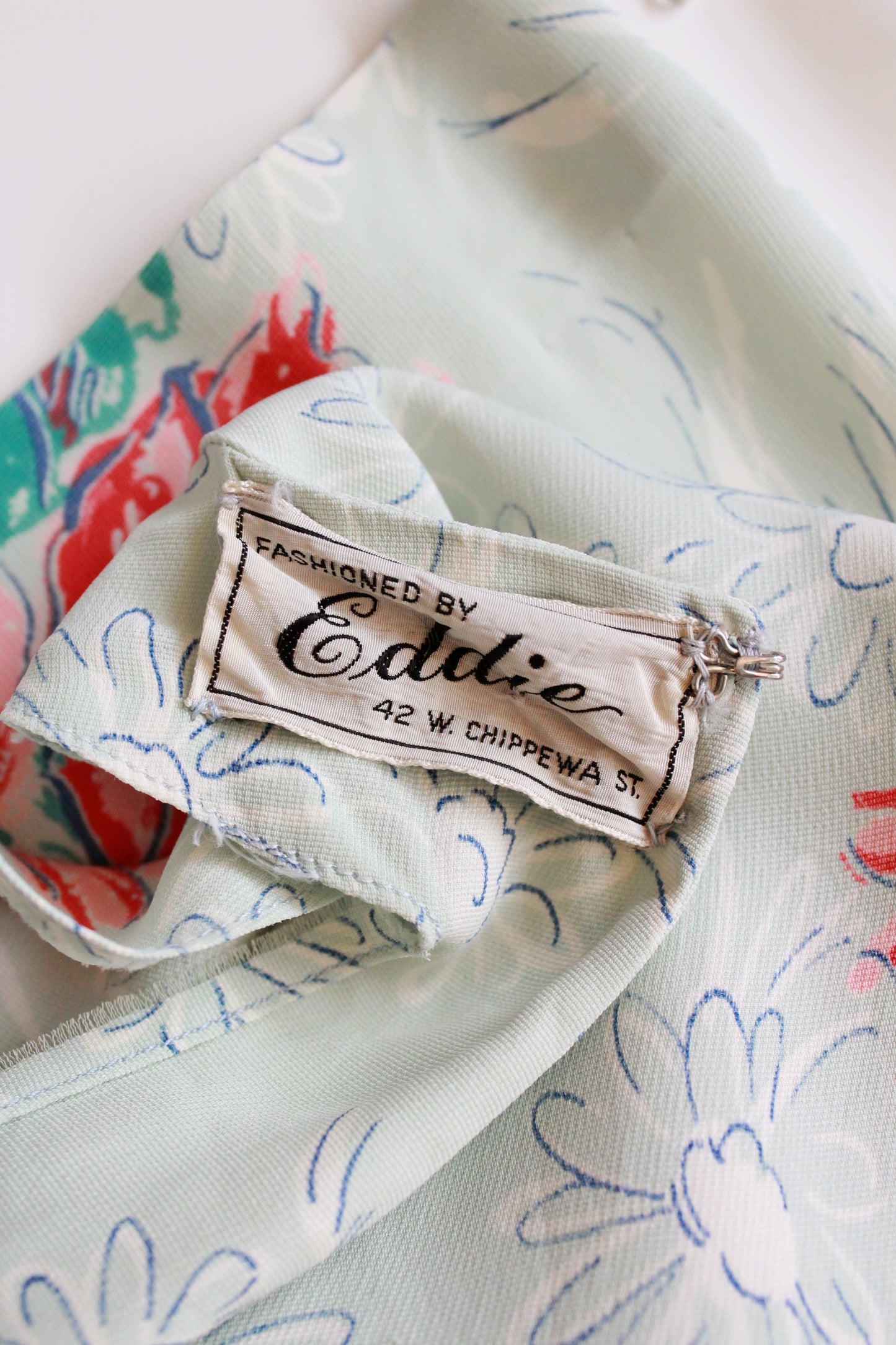1940s  Pastel Teal Rayon Dress With Coral Flowers, Small/Medium 