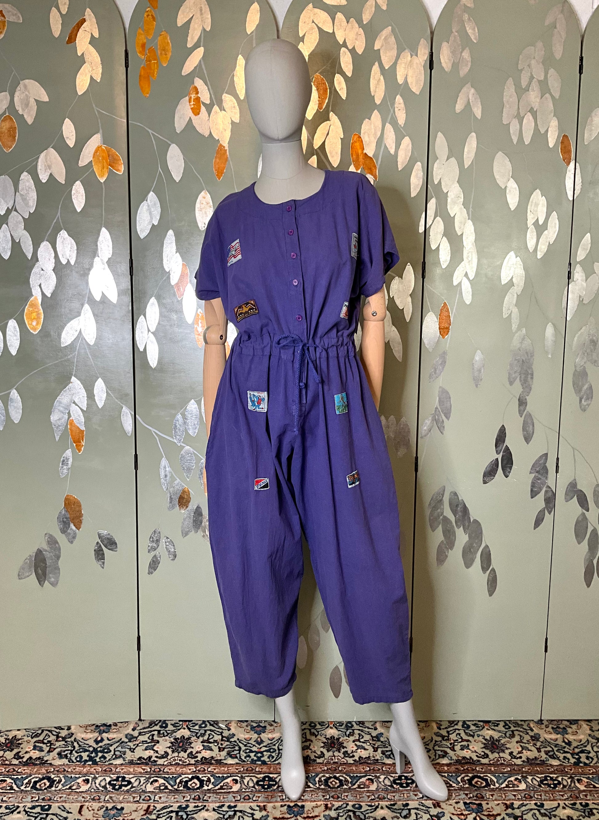 Vintage 1990s Purple Cotton Barrel Leg Jumpsuit with Patches