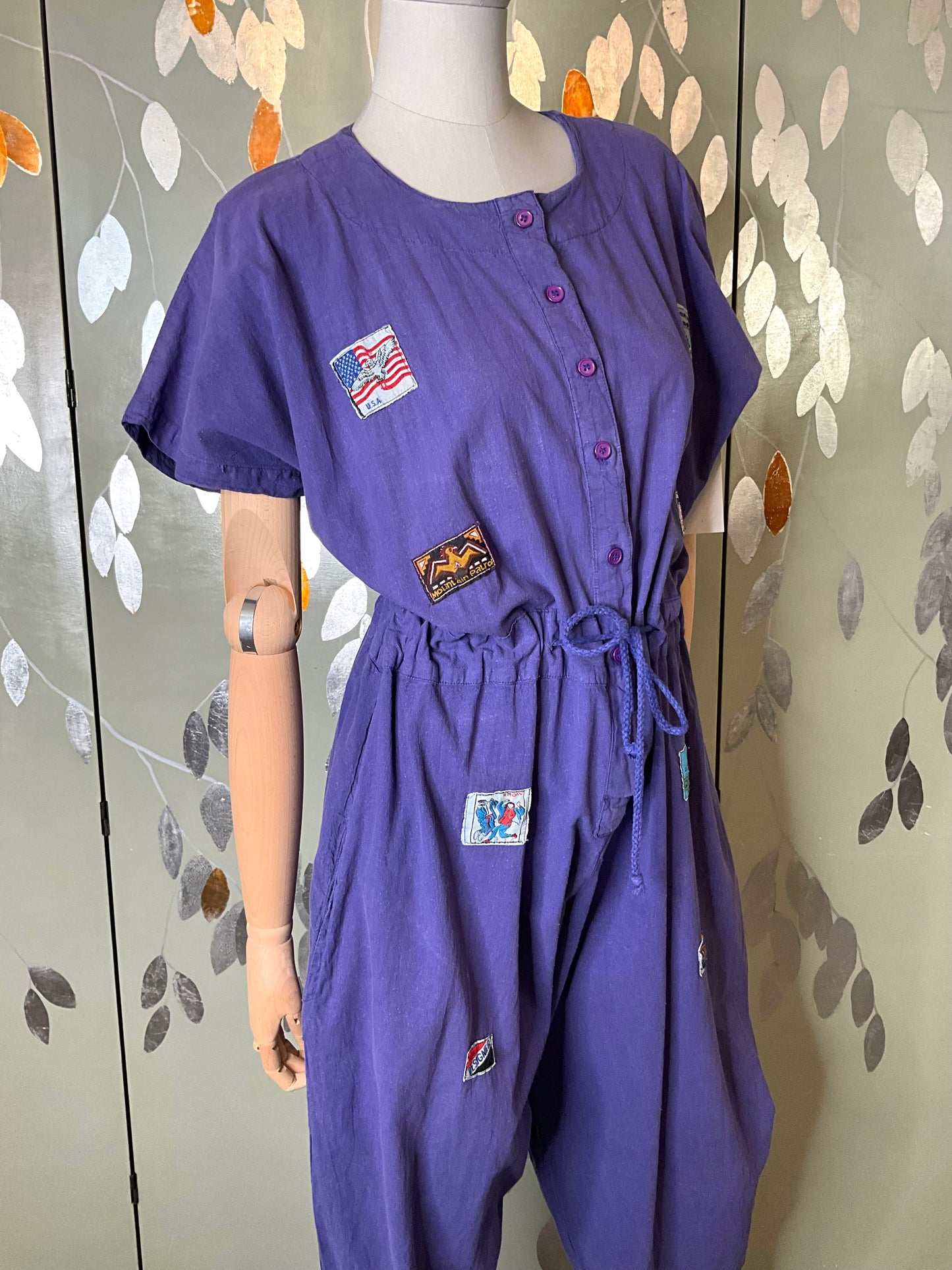 Vintage 1990s Purple Cotton Barrel Leg Jumpsuit with Patches