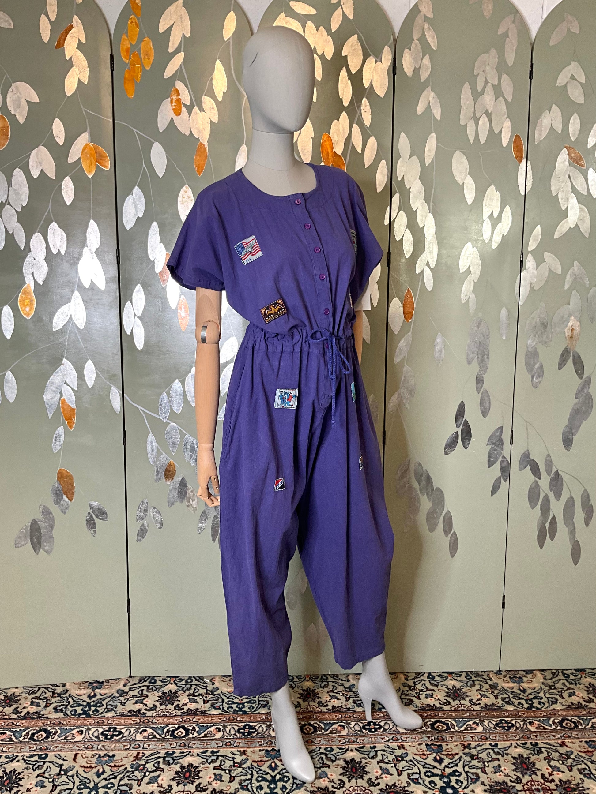 Vintage 1990s Purple Cotton Barrel Leg Jumpsuit with Patches