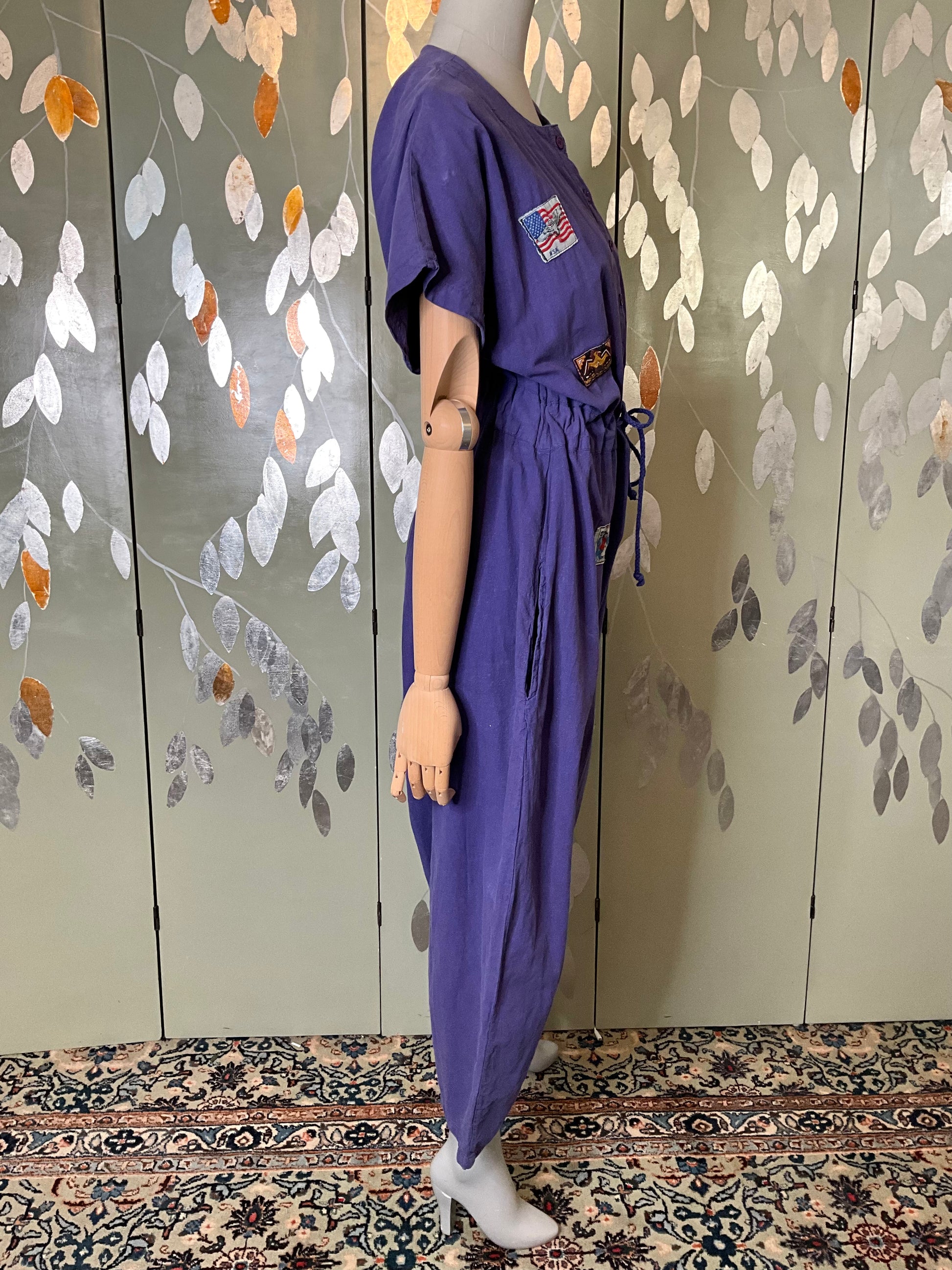 Vintage 1990s Purple Cotton Barrel Leg Jumpsuit with Patches