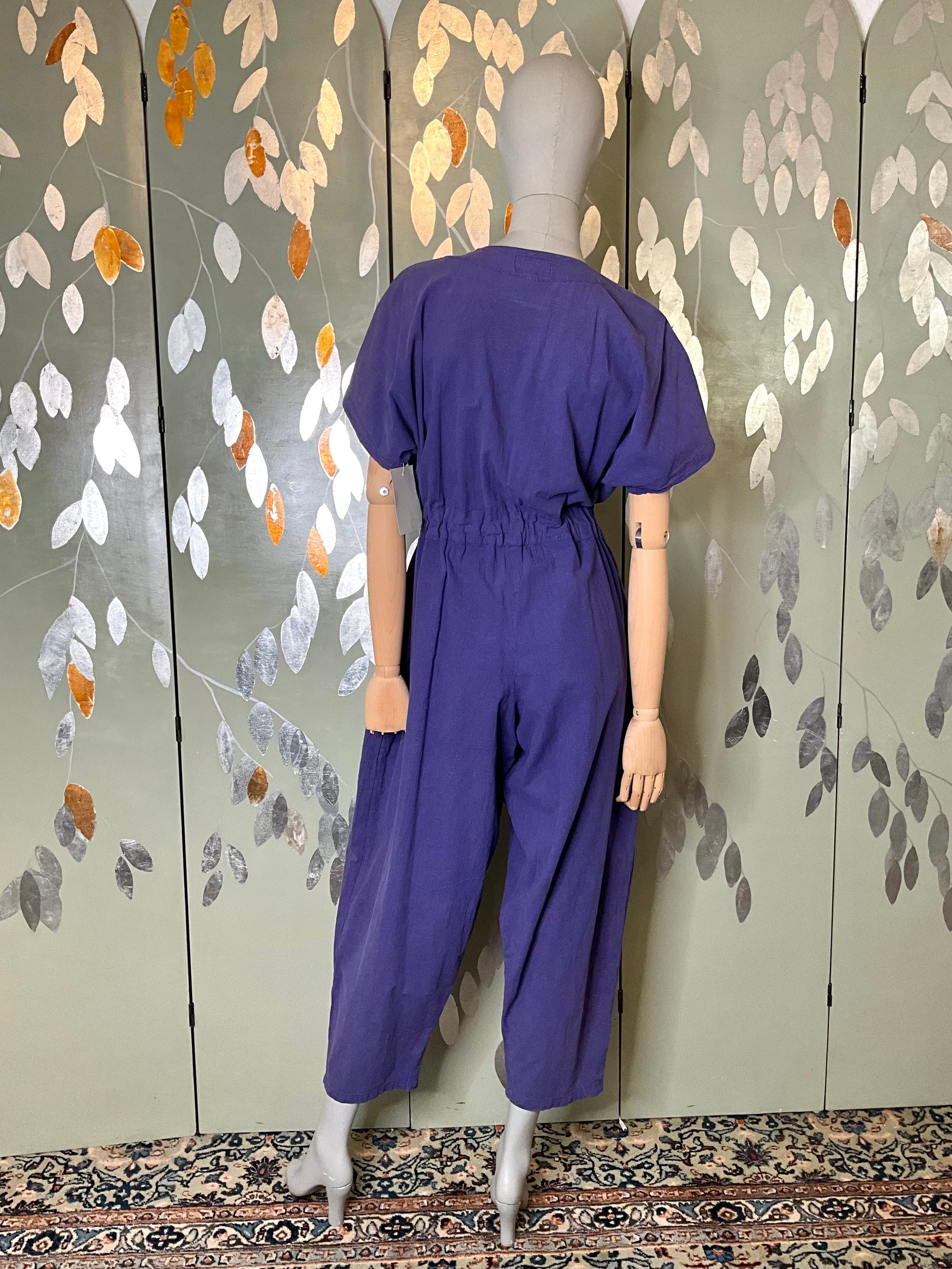 Vintage 1990s Purple Cotton Barrel Leg Jumpsuit with Patches