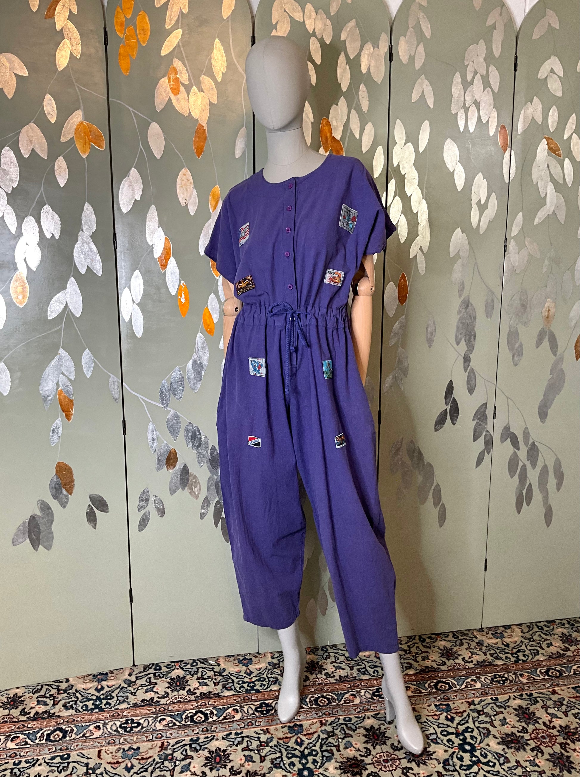 Vintage 1990s Purple Cotton Barrel Leg Jumpsuit with Patches