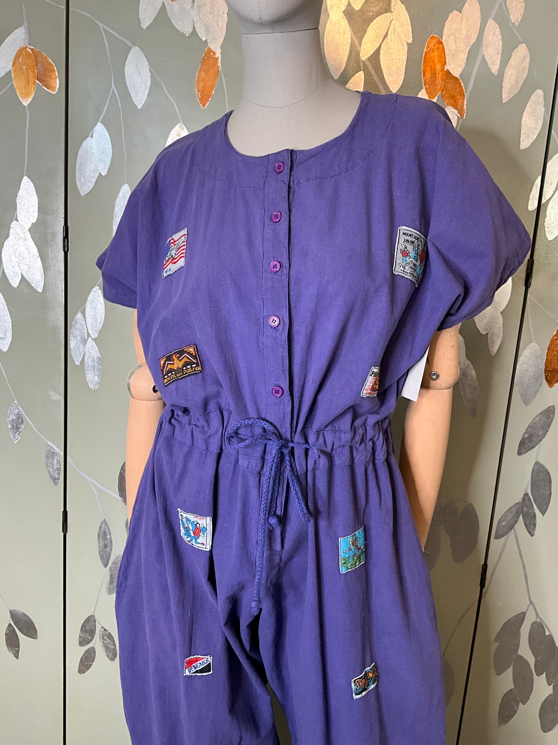 Vintage 1990s Purple Cotton Barrel Leg Jumpsuit with Patches