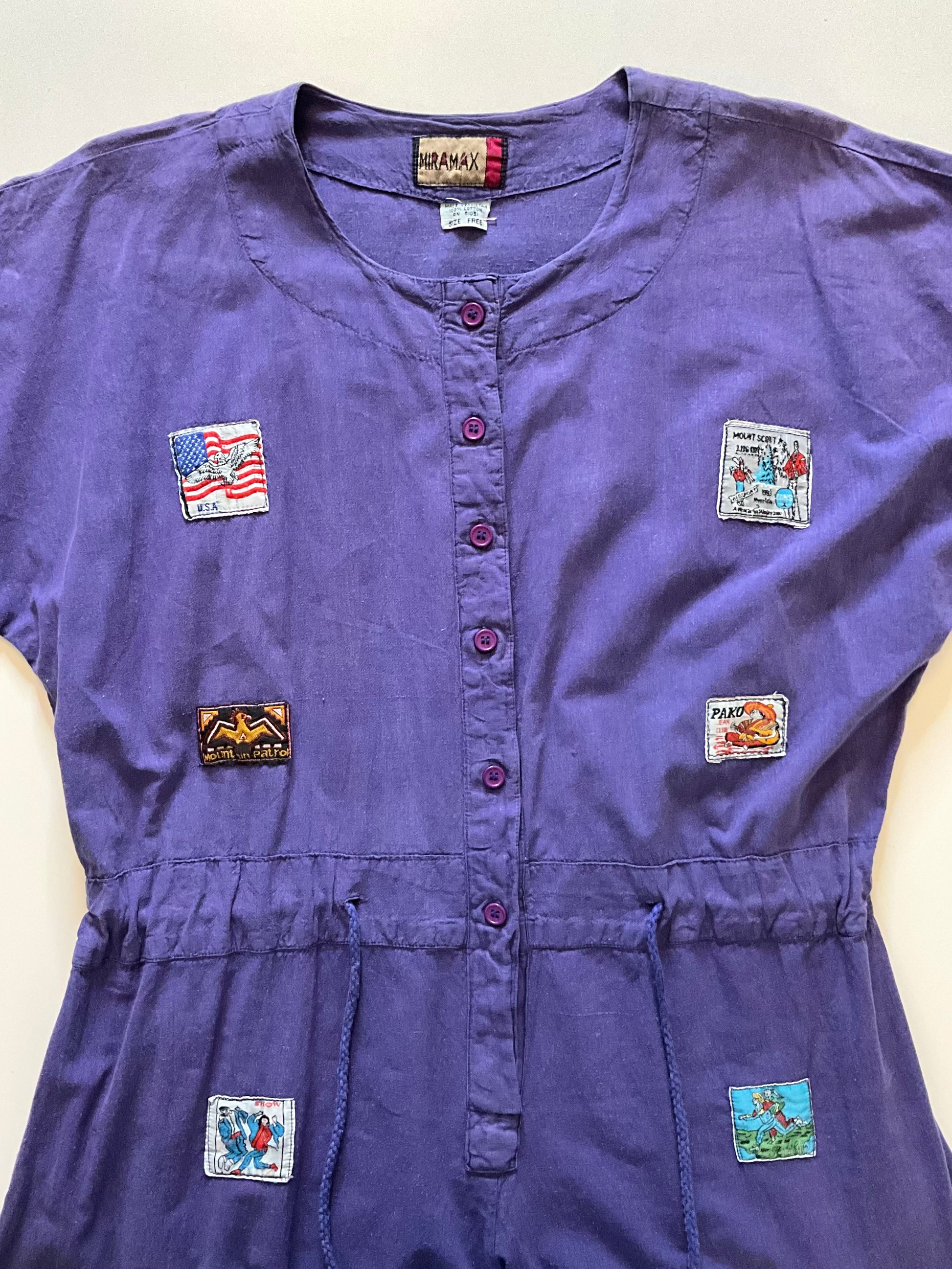 Vintage 1990s Purple Cotton Barrel Leg Jumpsuit with Patches