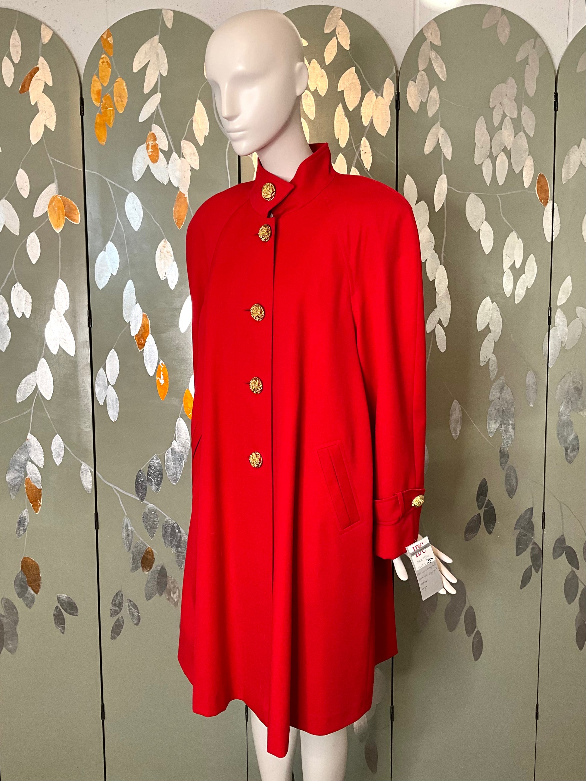 Vintage 1980s Red Wool Swing Coat with Gold Buttons, Large 