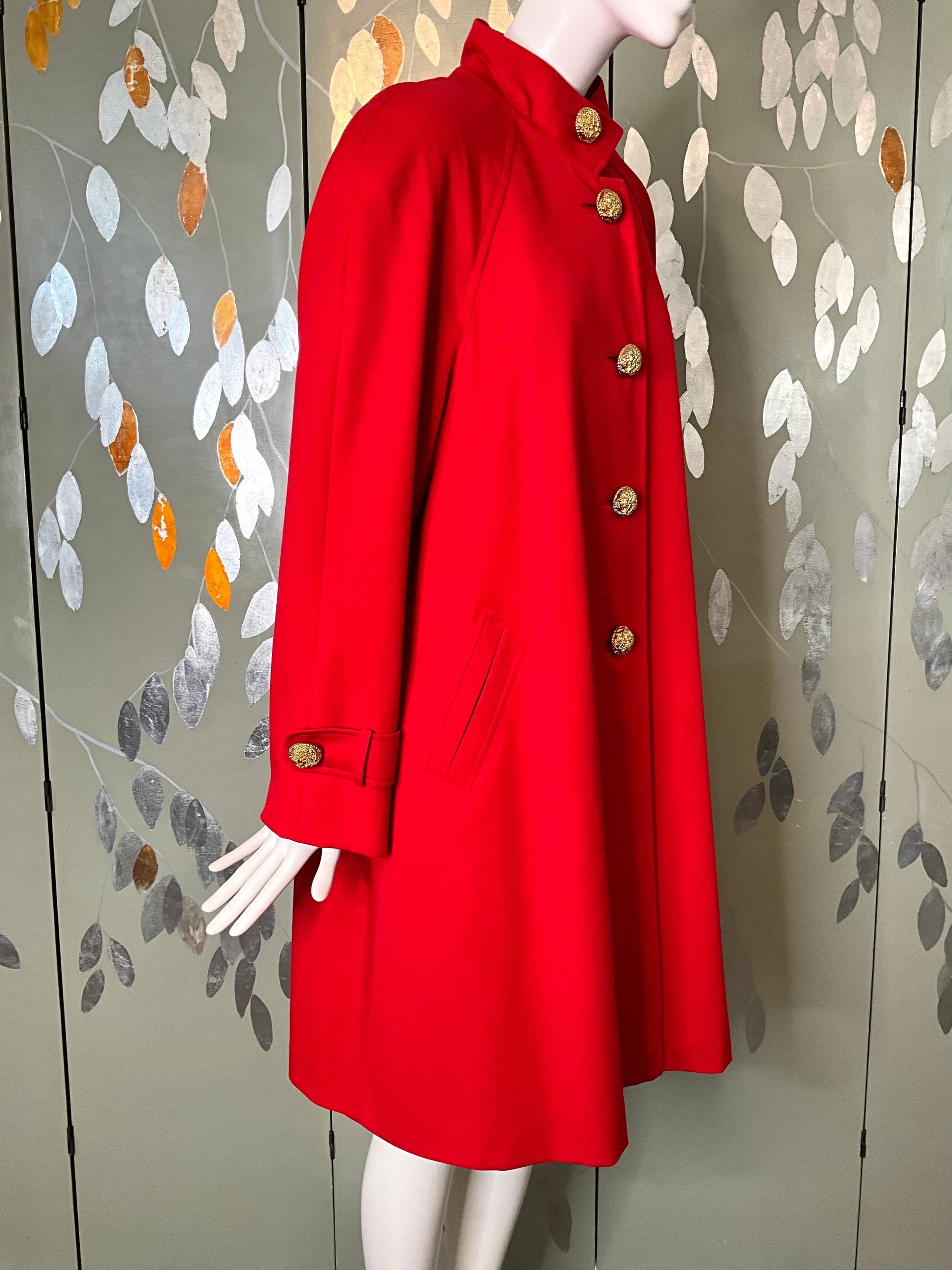 Vintage 1980s Red Wool Swing Coat with Gold Buttons, Large 