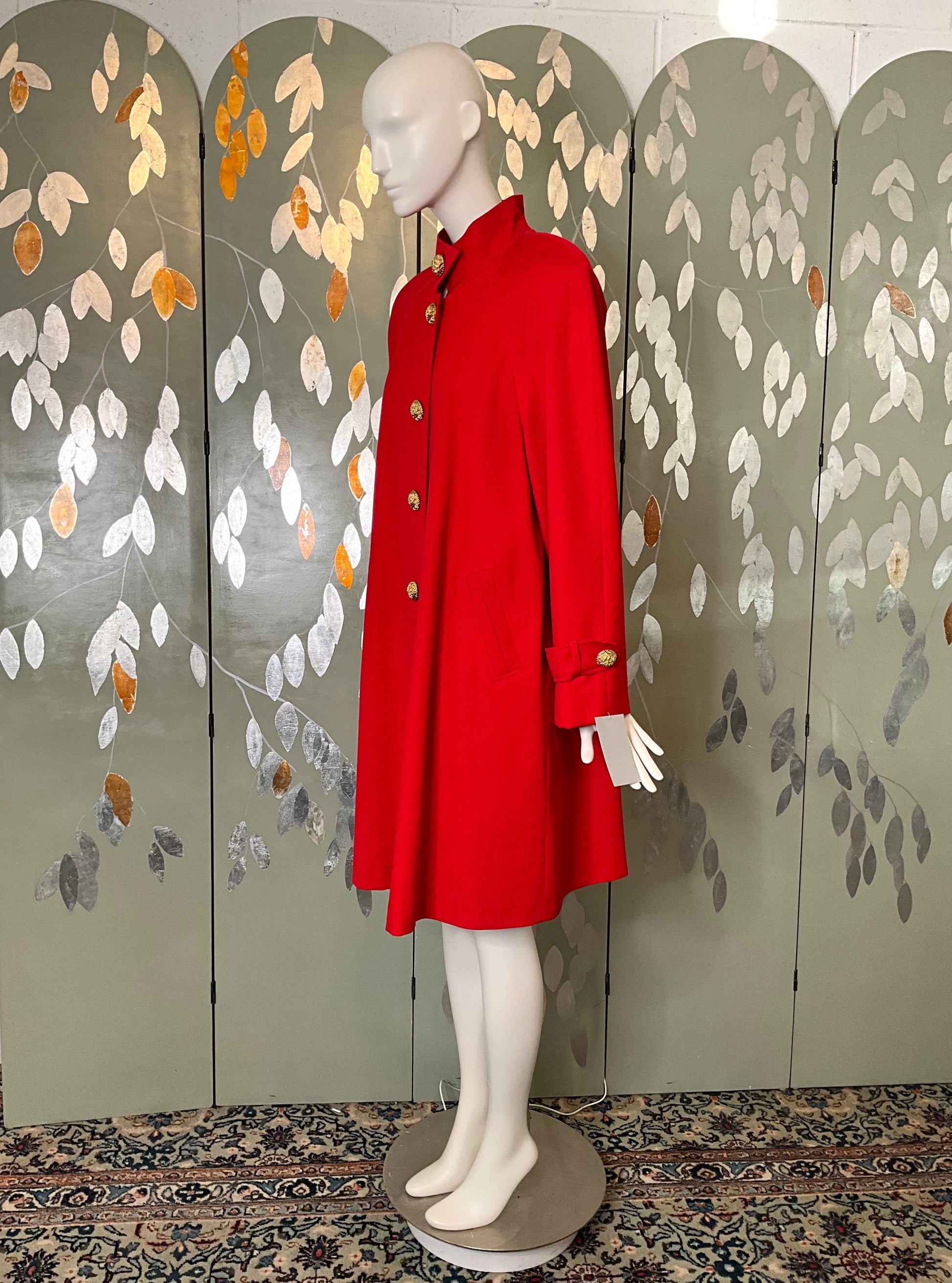 Vintage 1980s Red Wool Swing Coat with Gold Buttons, Large 