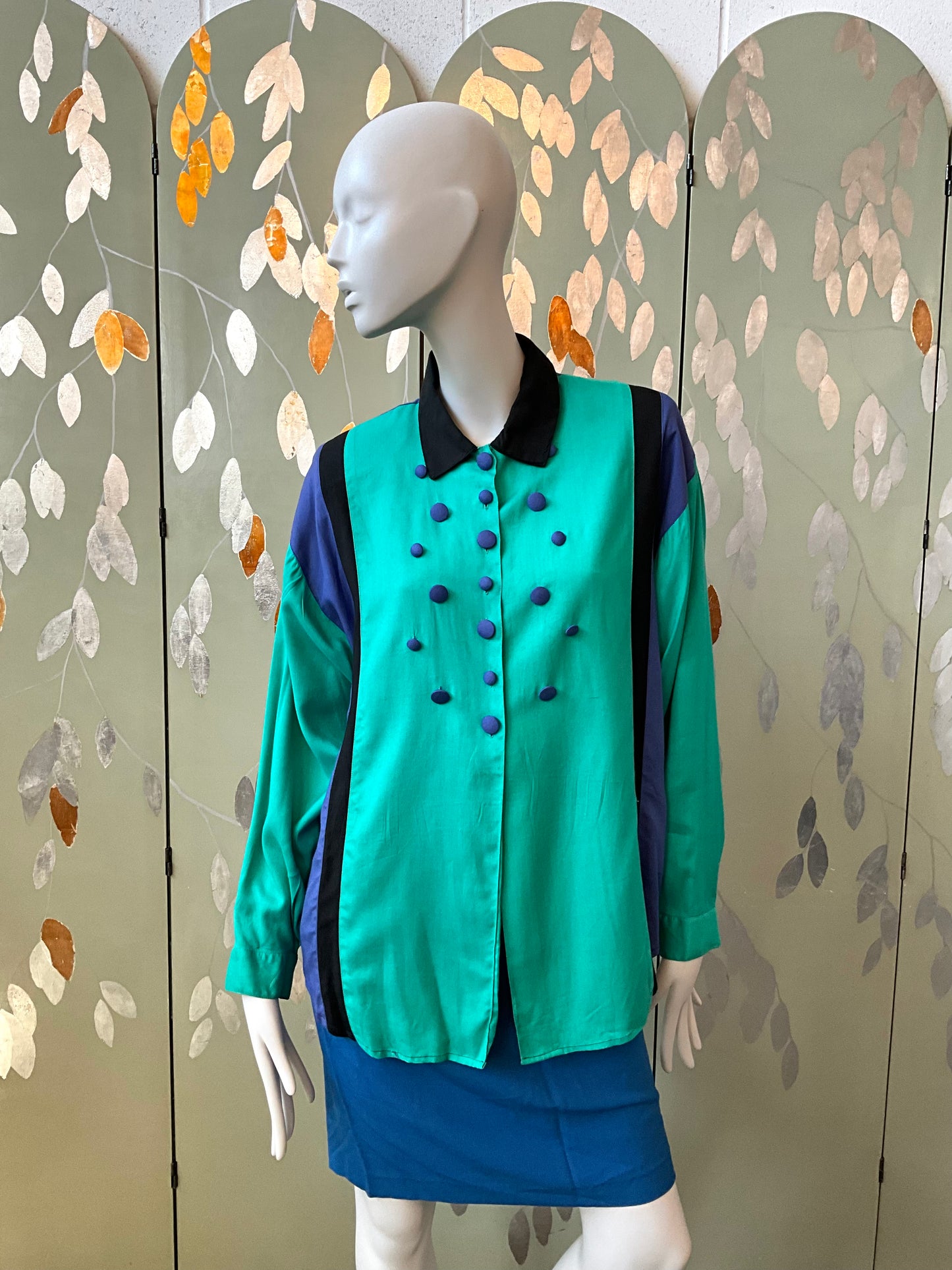 Vintage 1980s Teal and Blue Long Sleeve Shirt with Button Detail Front, Large 