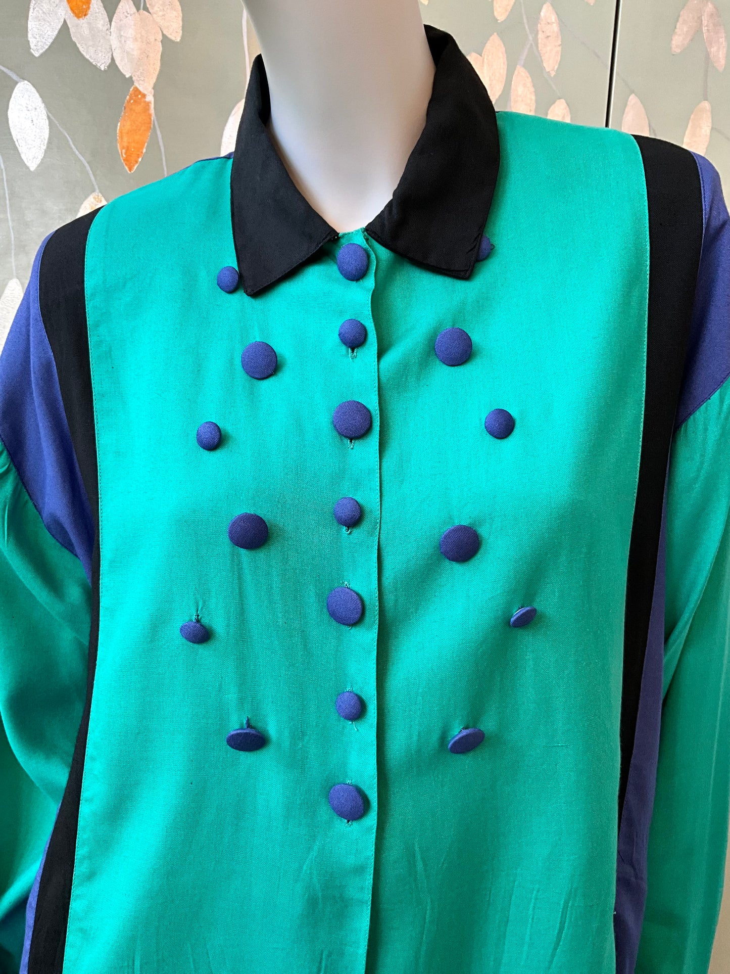 Vintage 1980s Teal and Blue Long Sleeve Shirt with Button Detail Front, Large 