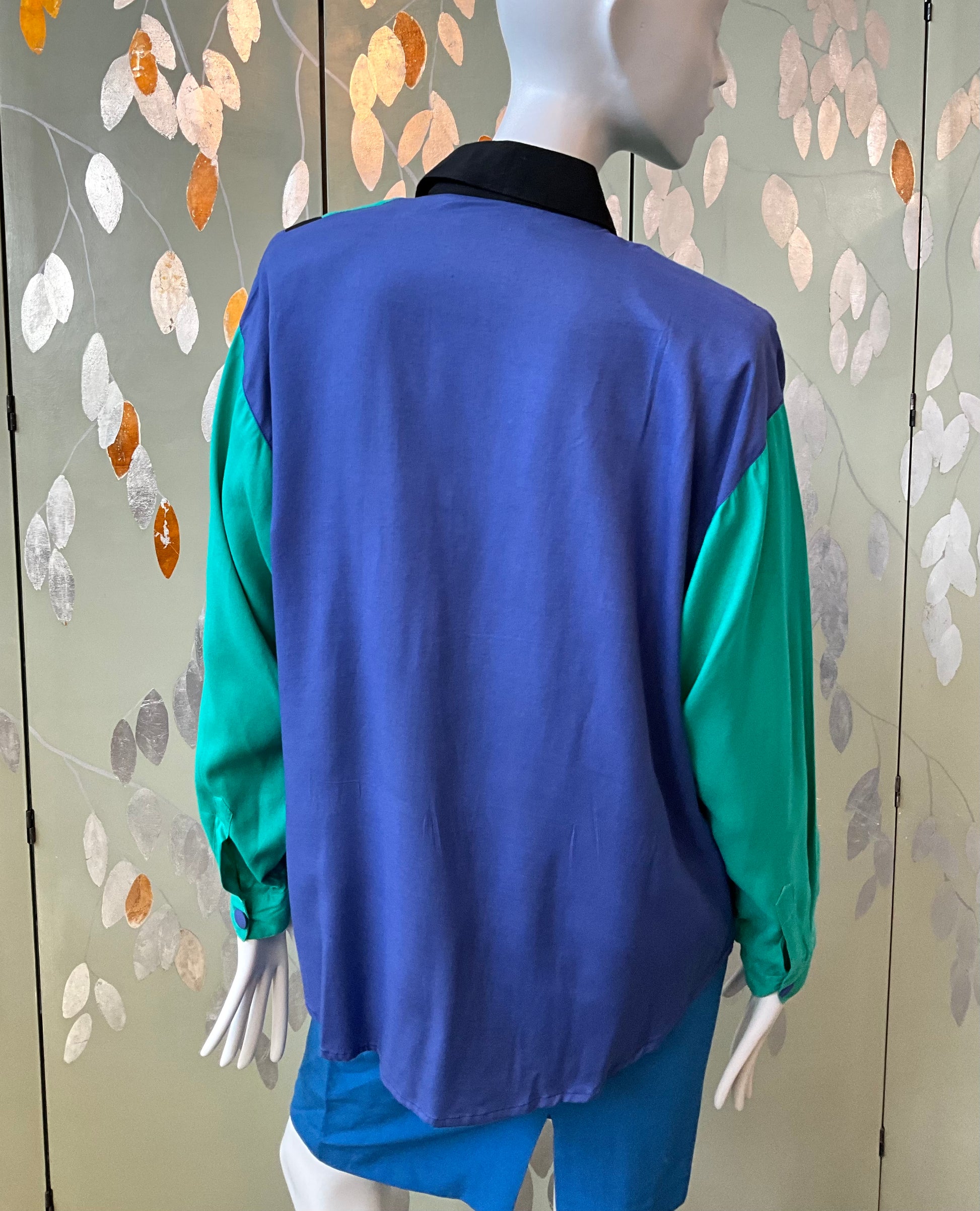 Vintage 1980s Teal and Blue Long Sleeve Shirt with Button Detail Front, Large 