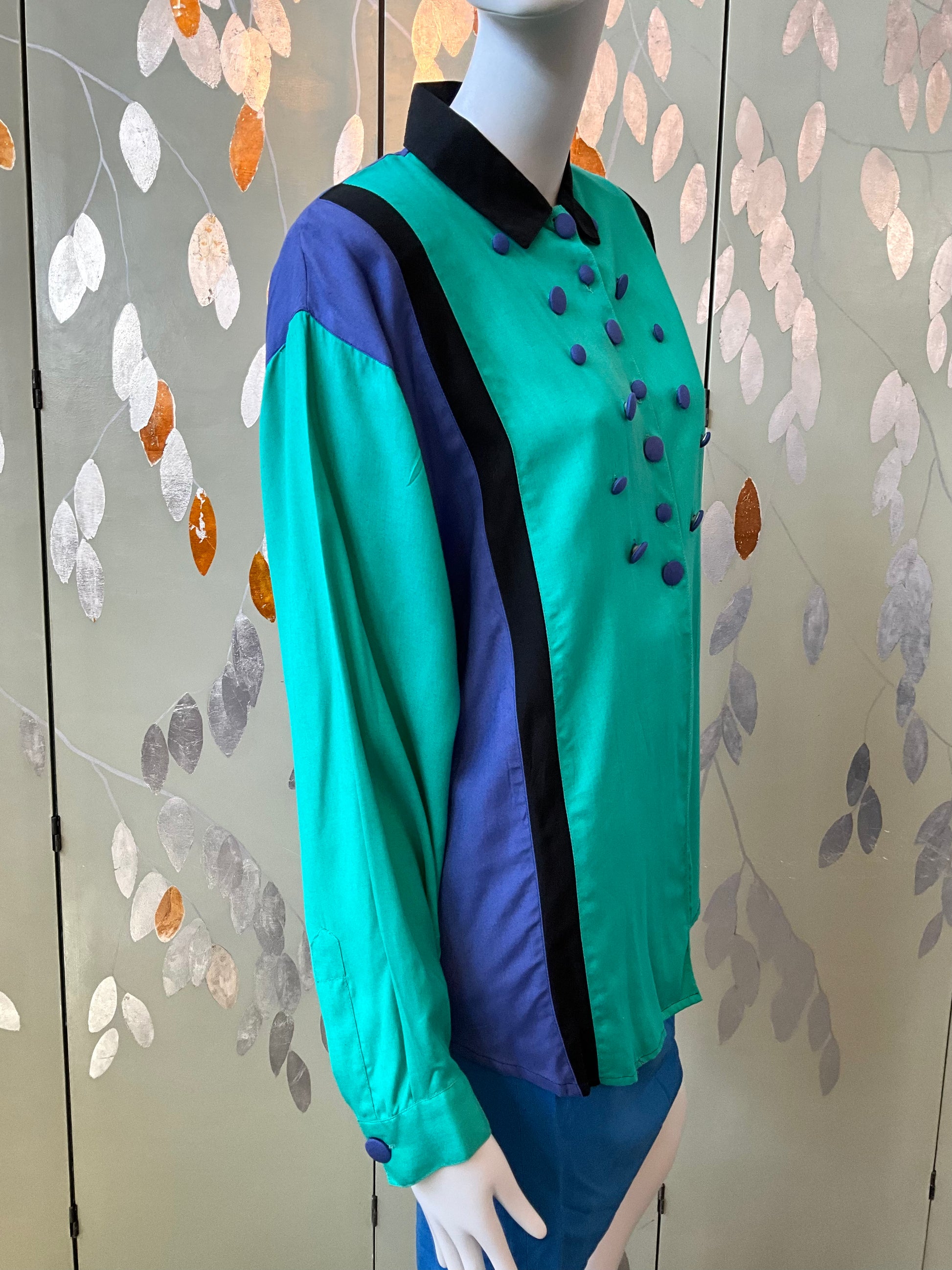 Vintage 1980s Teal and Blue Long Sleeve Shirt with Button Detail Front, Large 
