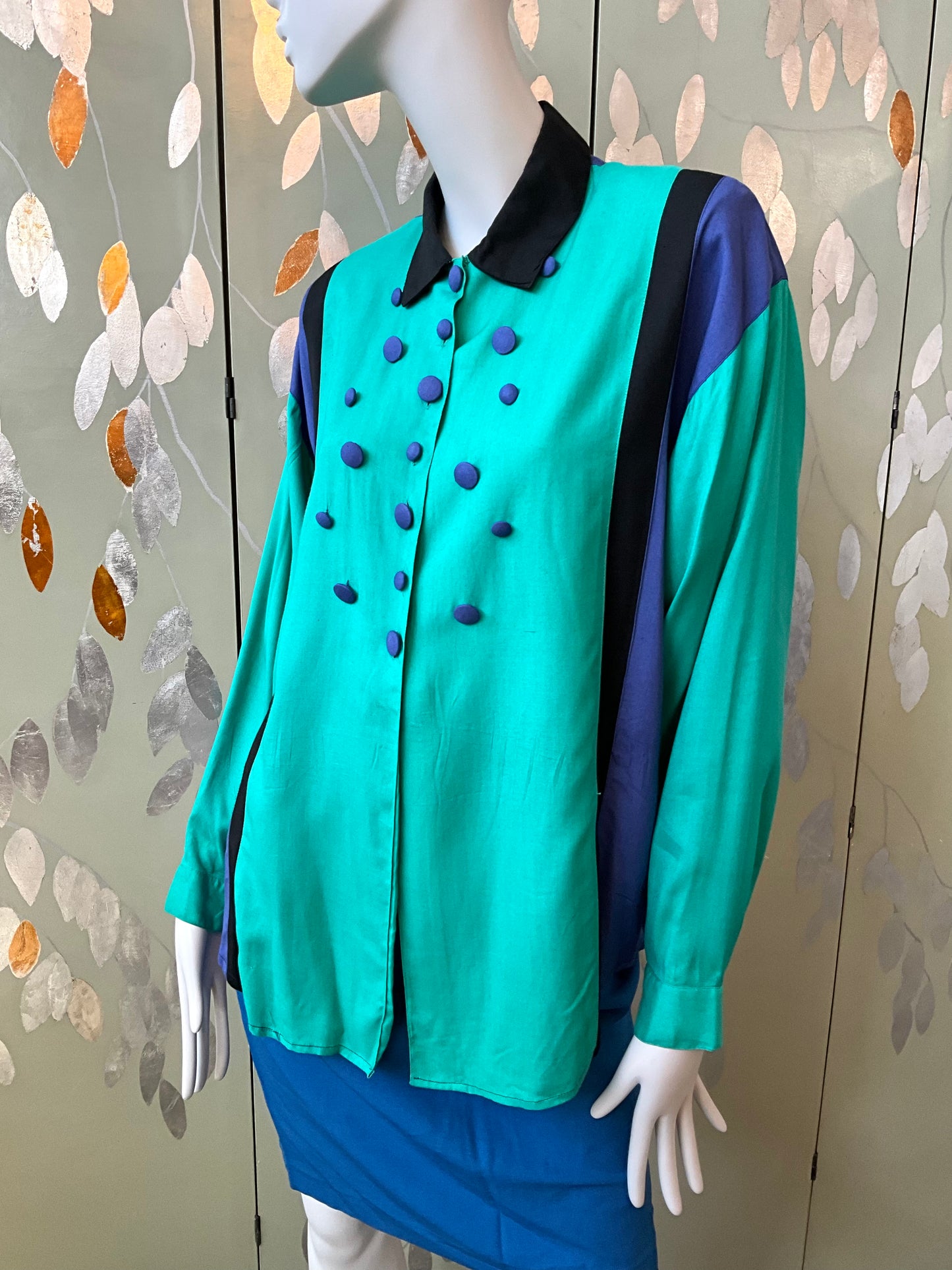 Vintage 1980s Teal and Blue Long Sleeve Shirt with Button Detail Front, Large 