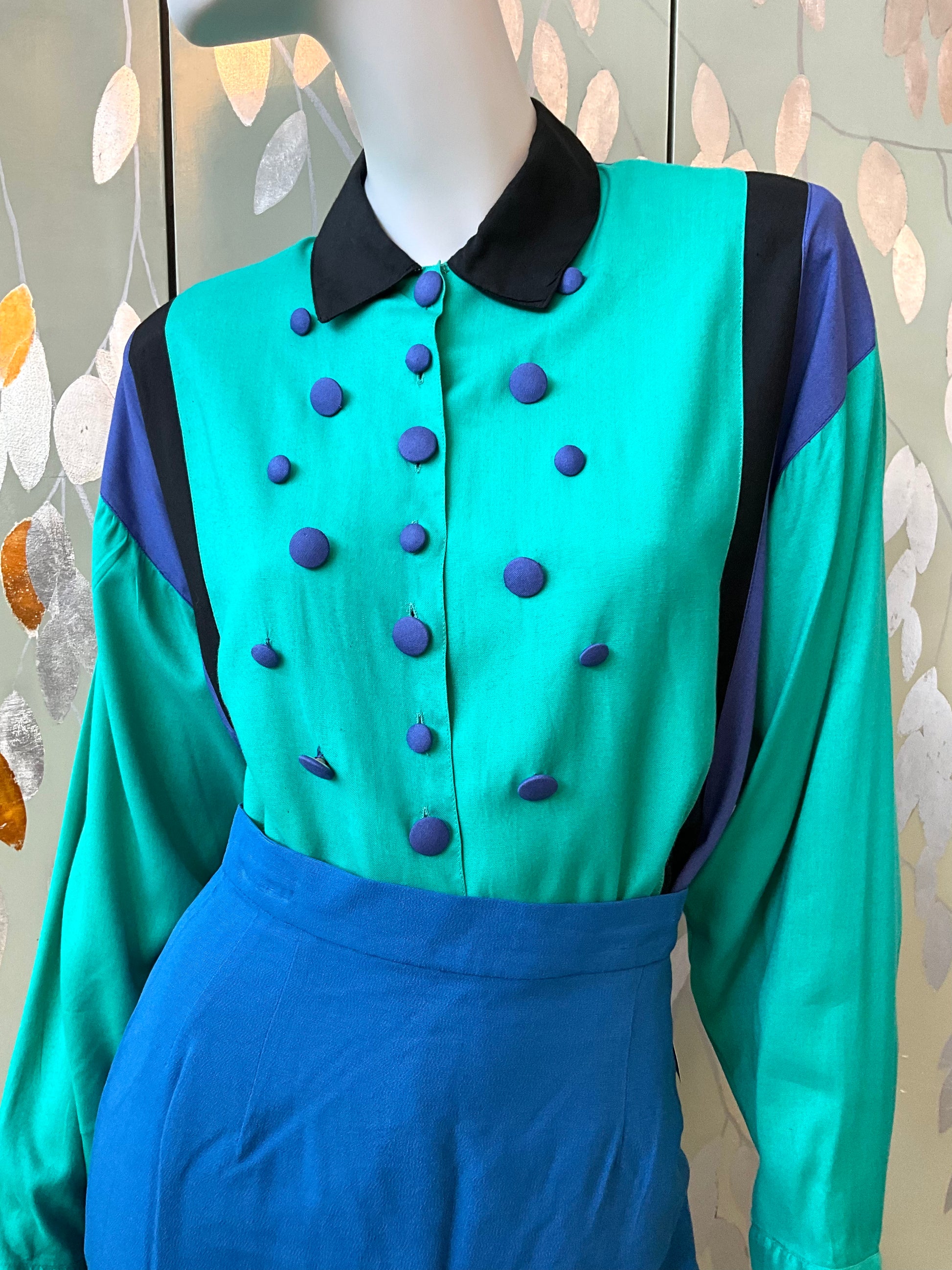 Vintage 1980s Teal and Blue Long Sleeve Shirt with Button Detail Front, Large 