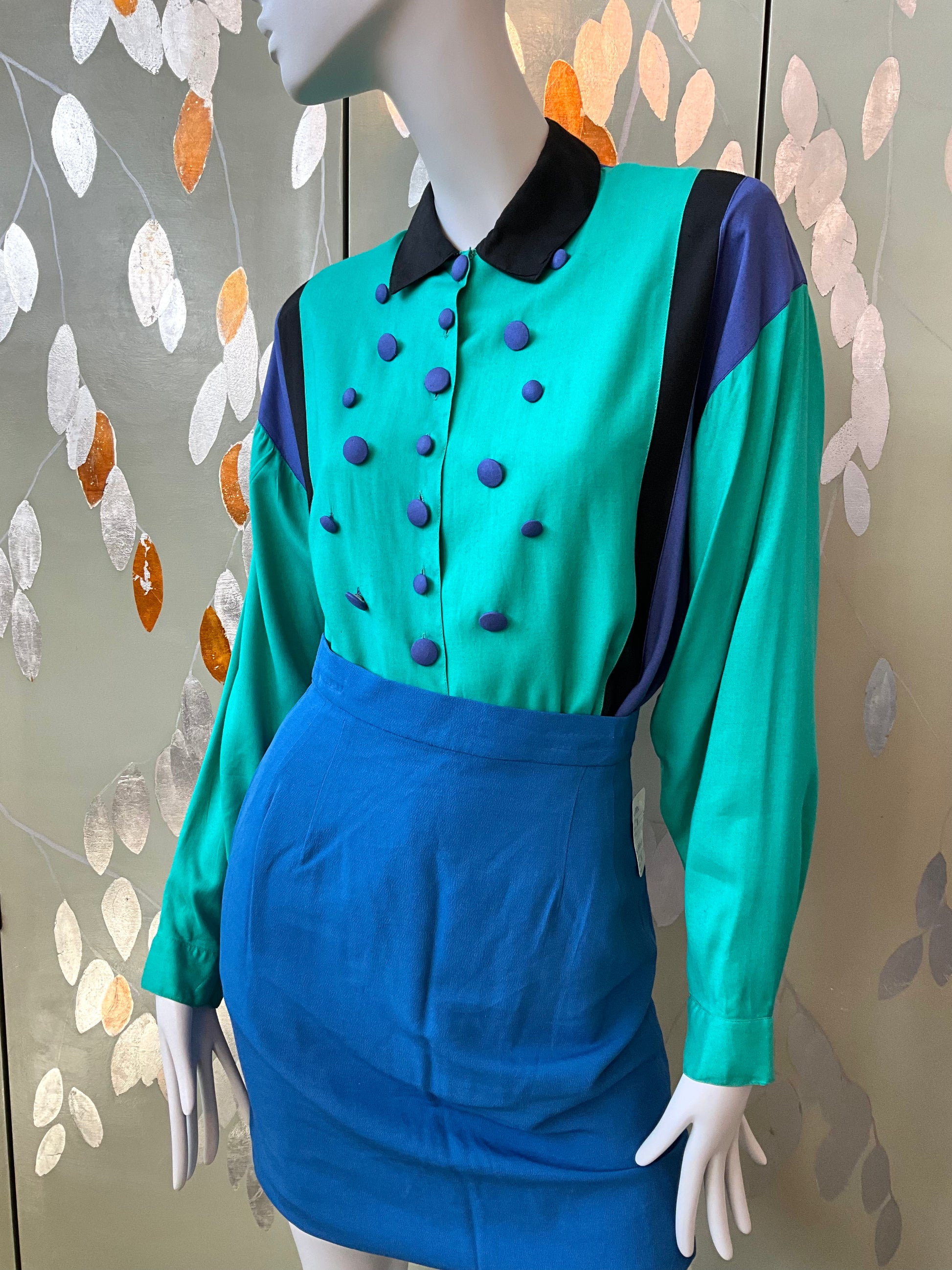 Vintage 1980s Teal and Blue Long Sleeve Shirt with Button Detail Front, Large 