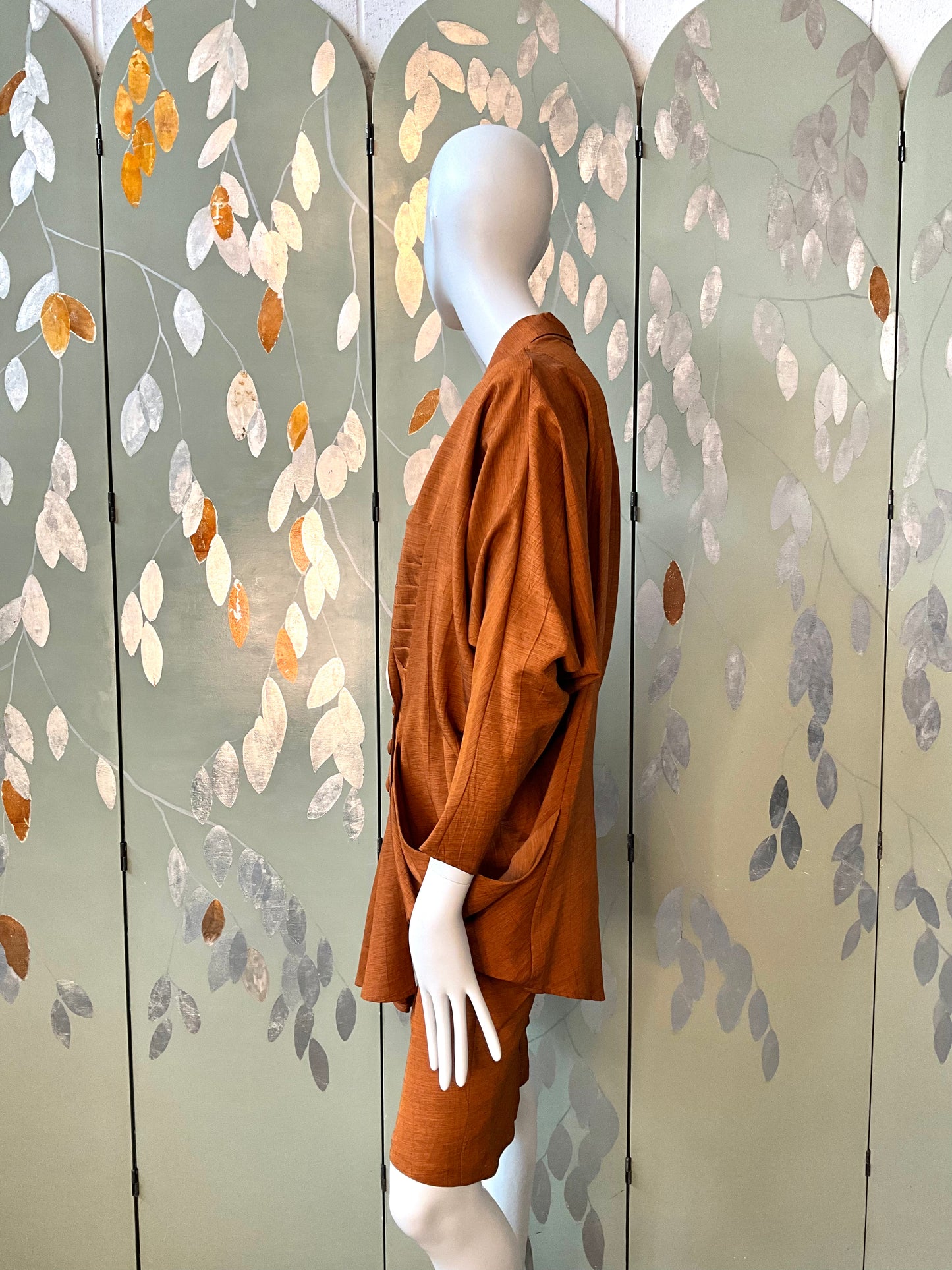 Vintage 1980s Japanese Inspired Copper Draped Skirt Suit, Small 