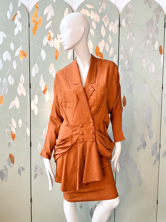 Vintage 1980s Japanese Inspired Copper Draped Skirt Suit, Small 