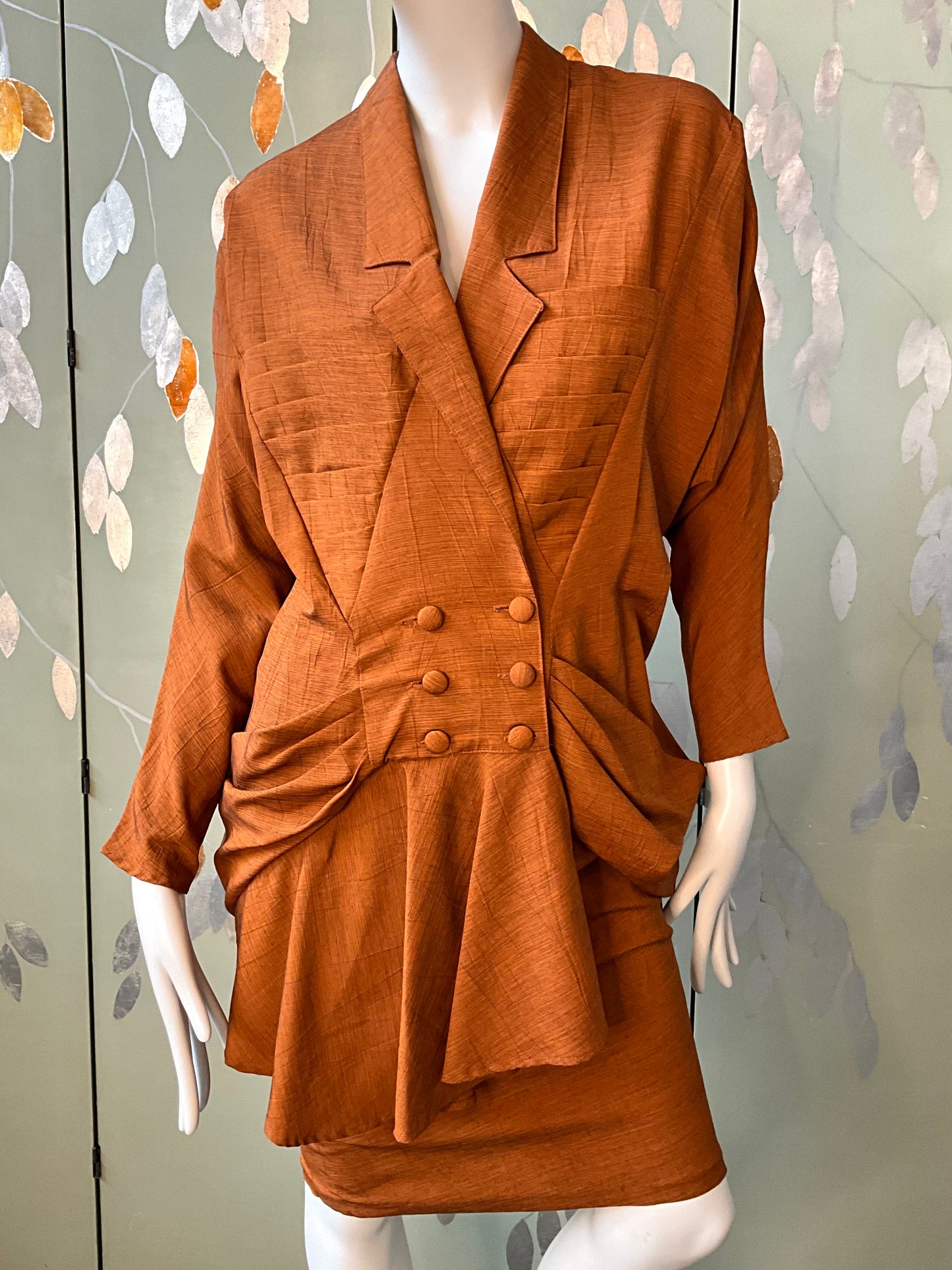 Vintage 1980s Japanese Inspired Copper Draped Skirt Suit, Small 