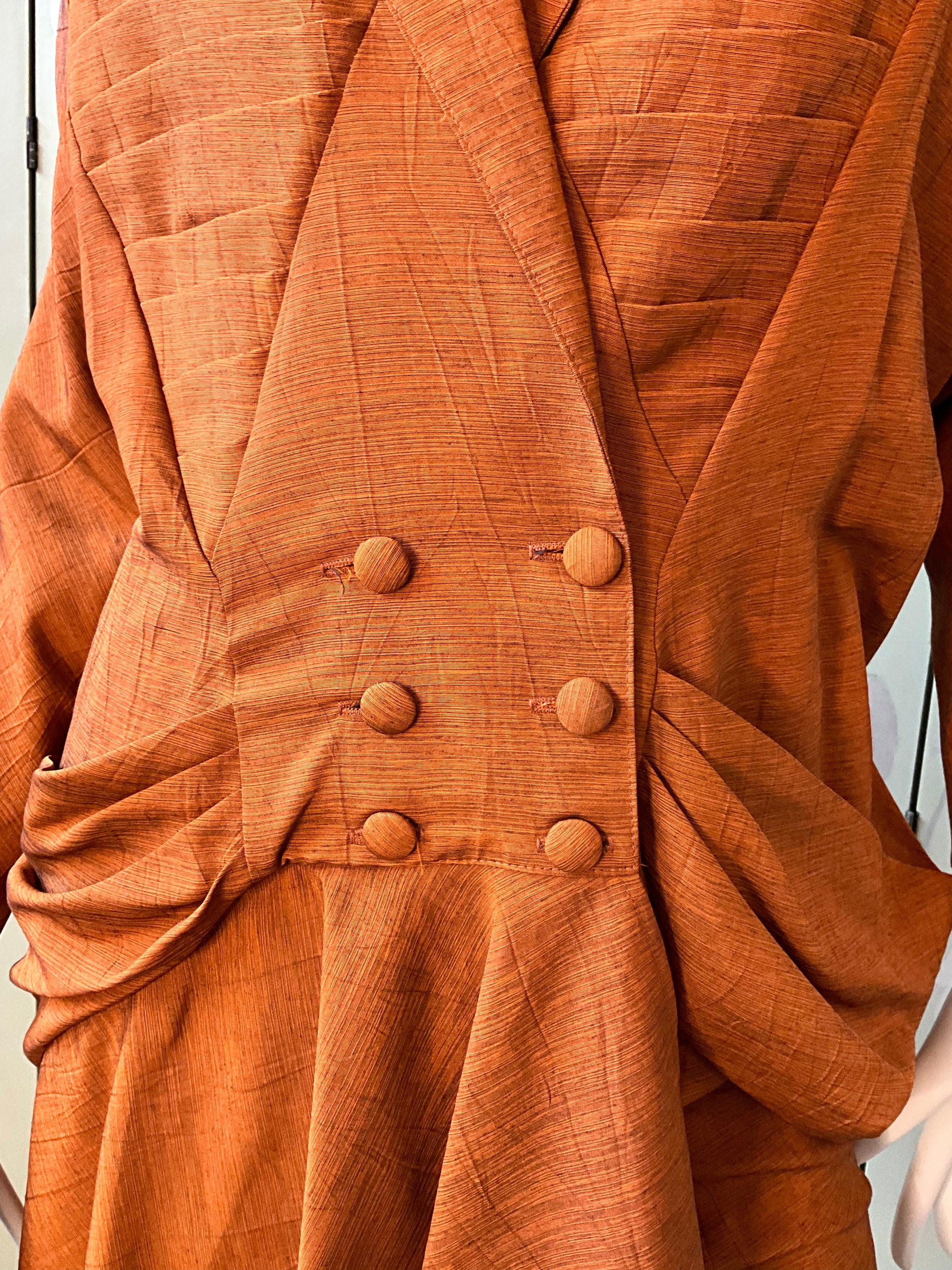 Vintage 1980s Japanese Inspired Copper Draped Skirt Suit, Small 