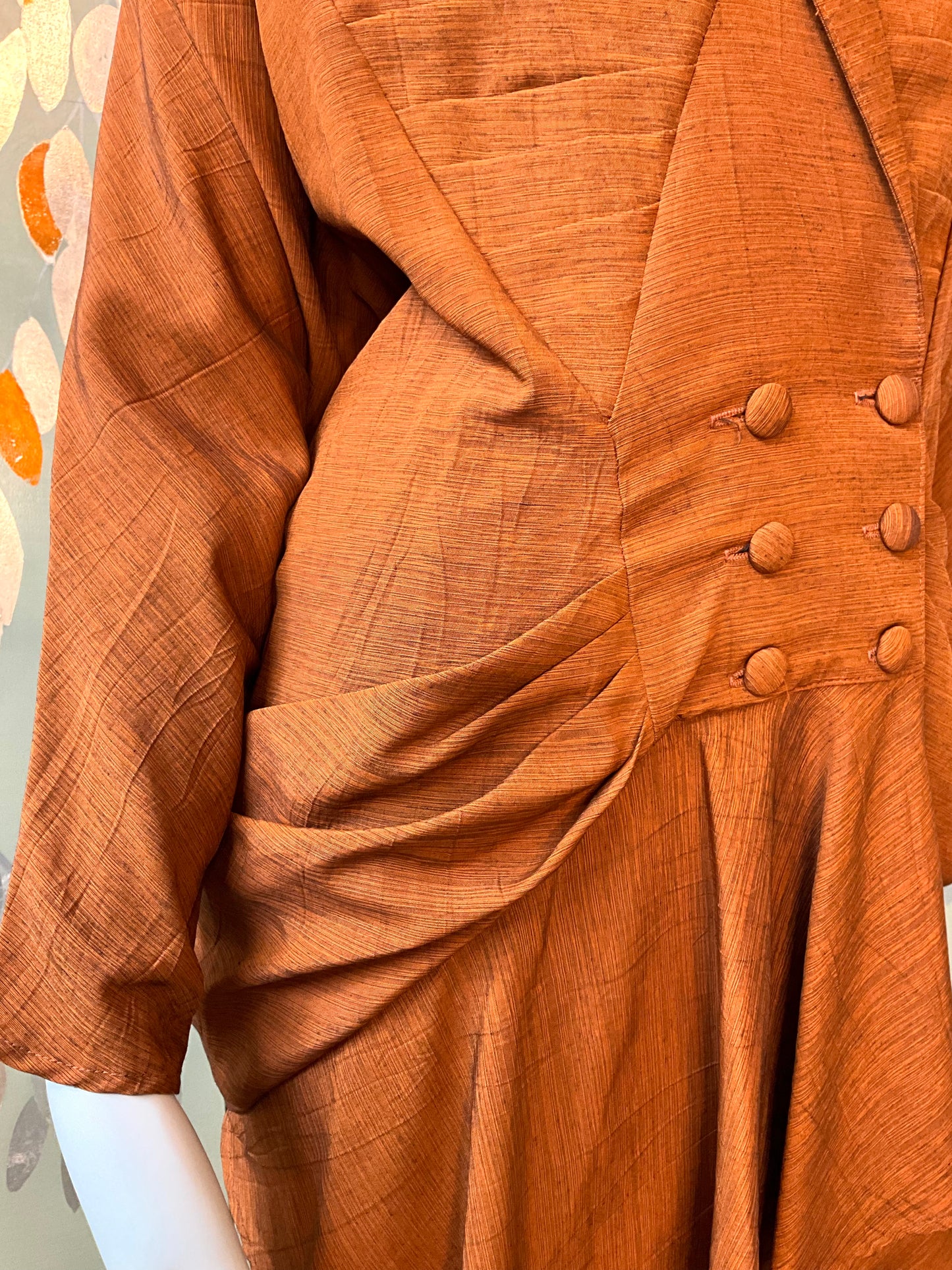 Vintage 1980s Japanese Inspired Copper Draped Skirt Suit, Small 