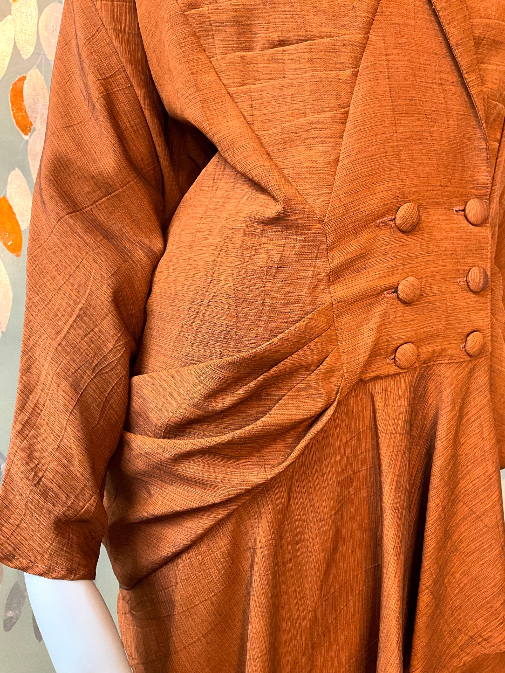 Vintage 1980s Japanese Inspired Copper Draped Skirt Suit, Small 