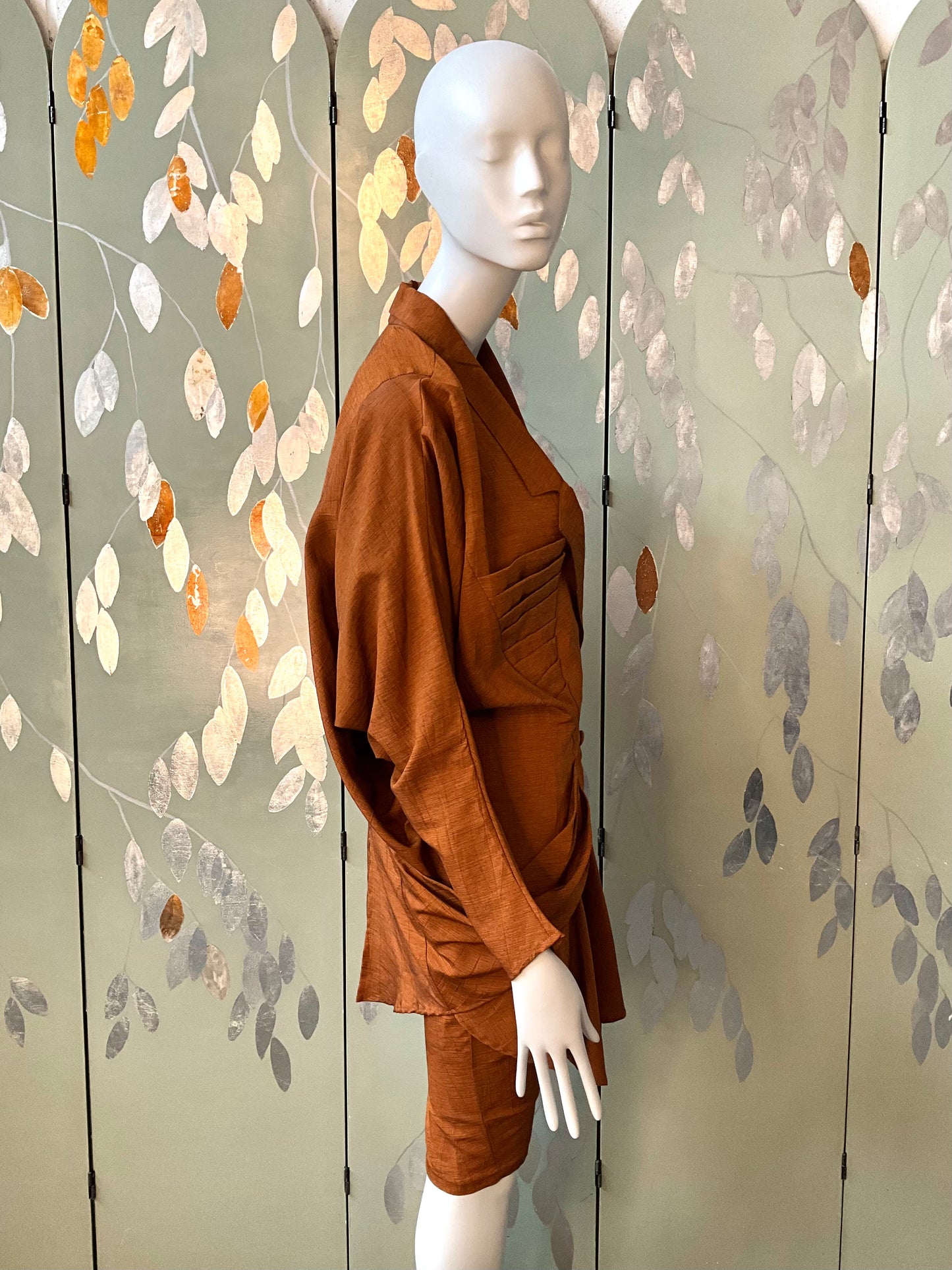 Vintage 1980s Japanese Inspired Copper Draped Skirt Suit, Small 