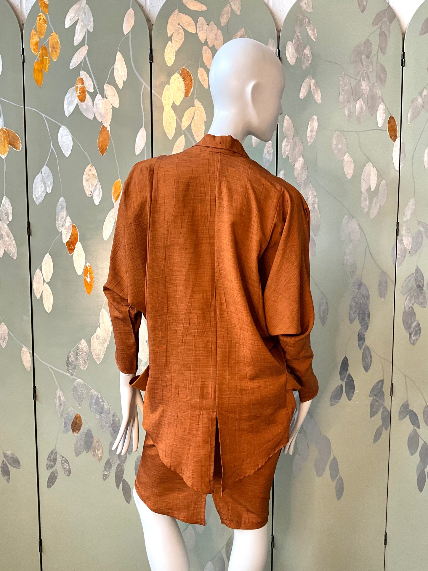 Vintage 1980s Japanese Inspired Copper Draped Skirt Suit, Small 