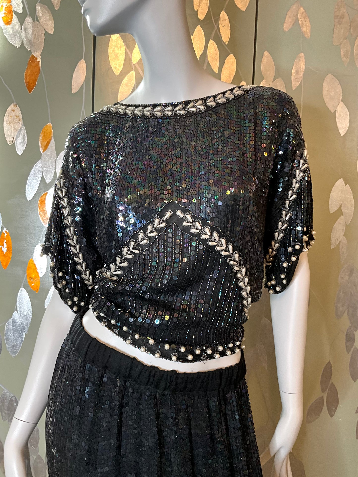 Vintage 1980s Black Silk Sequin and Bead 2-Piece Top and Skirt Set, Large 