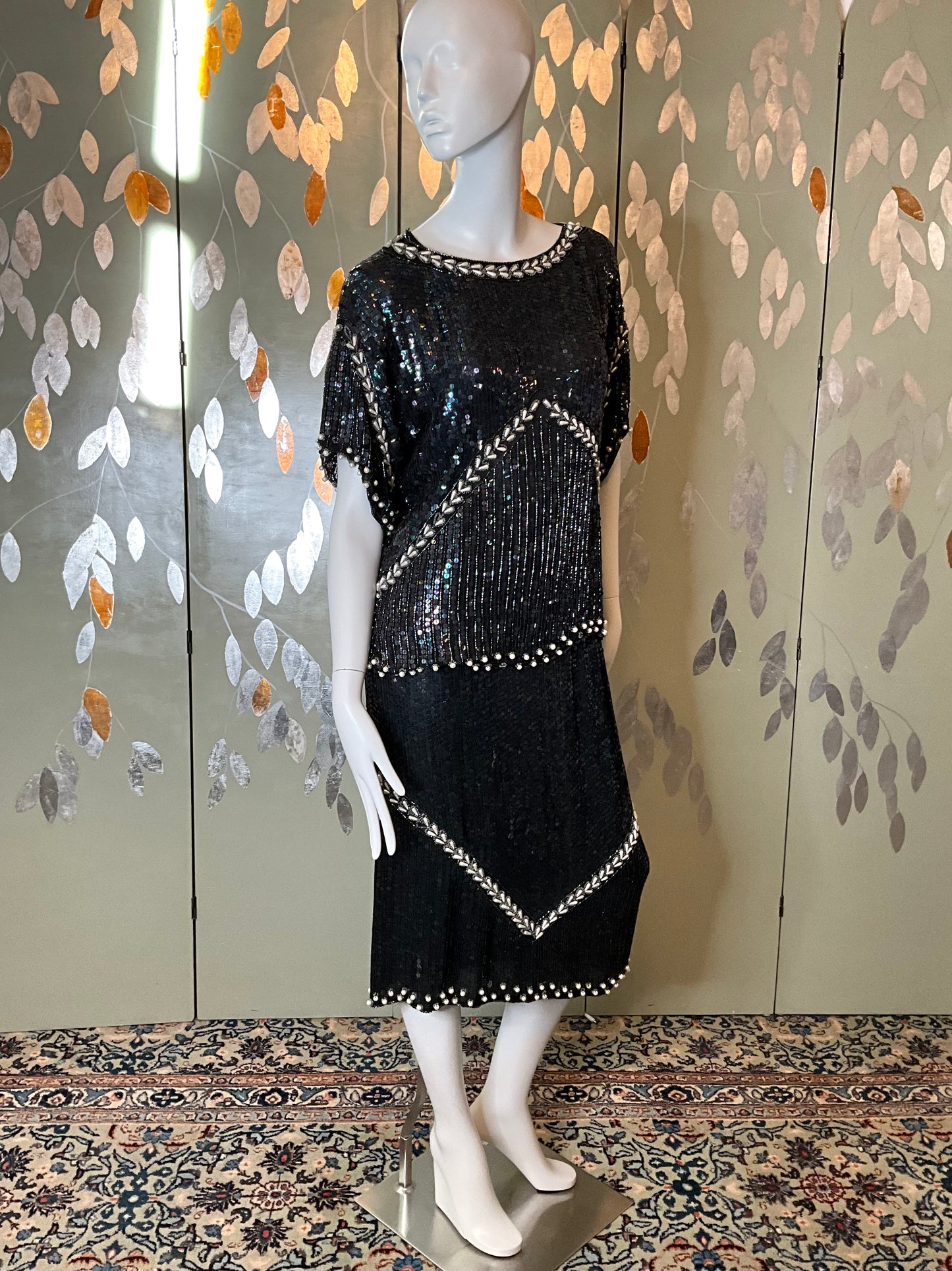 Vintage 1980s Black Silk Sequin and Bead 2-Piece Top and Skirt Set, Large 