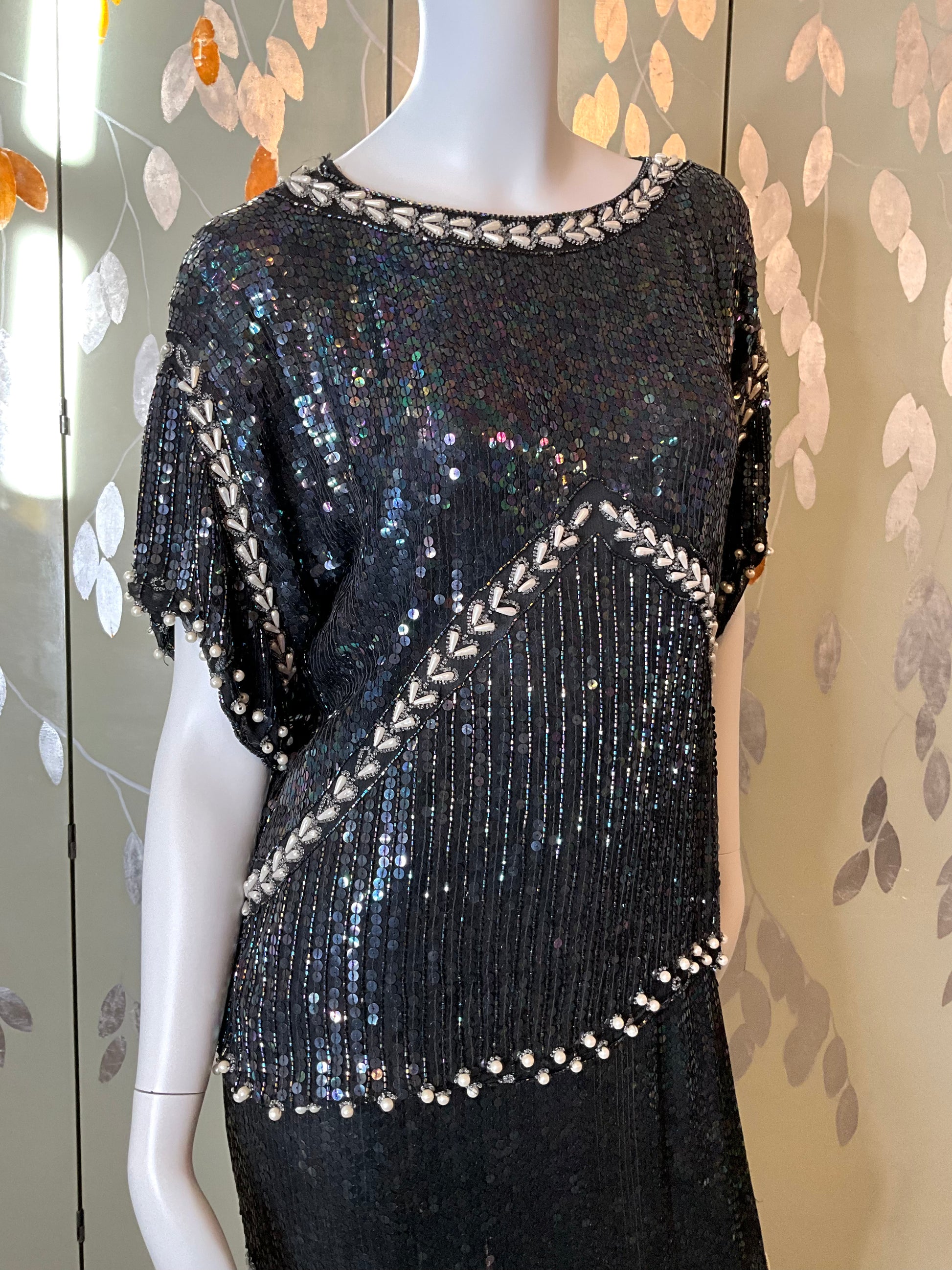 Vintage 1980s Black Silk Sequin and Bead 2-Piece Top and Skirt Set, Large 