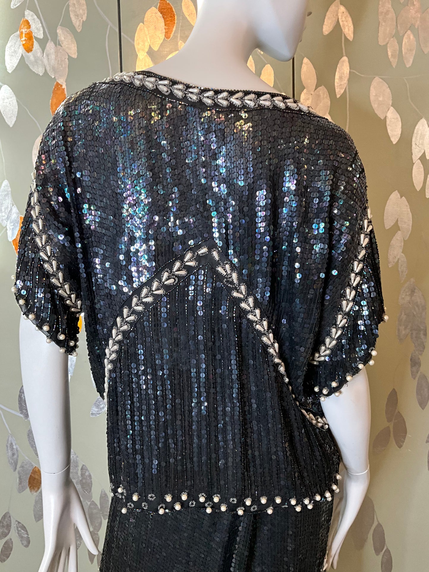 Vintage 1980s Black Silk Sequin and Bead 2-Piece Top and Skirt Set, Large 