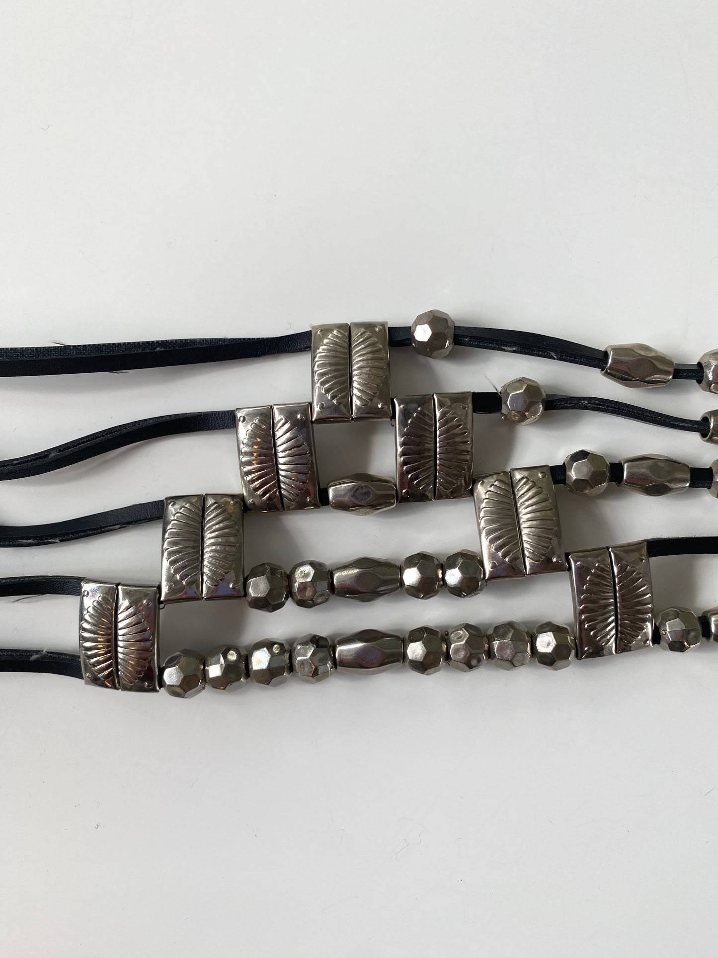 Vintage 1980s Black Multi Strand Leather Belt with Silver Beads