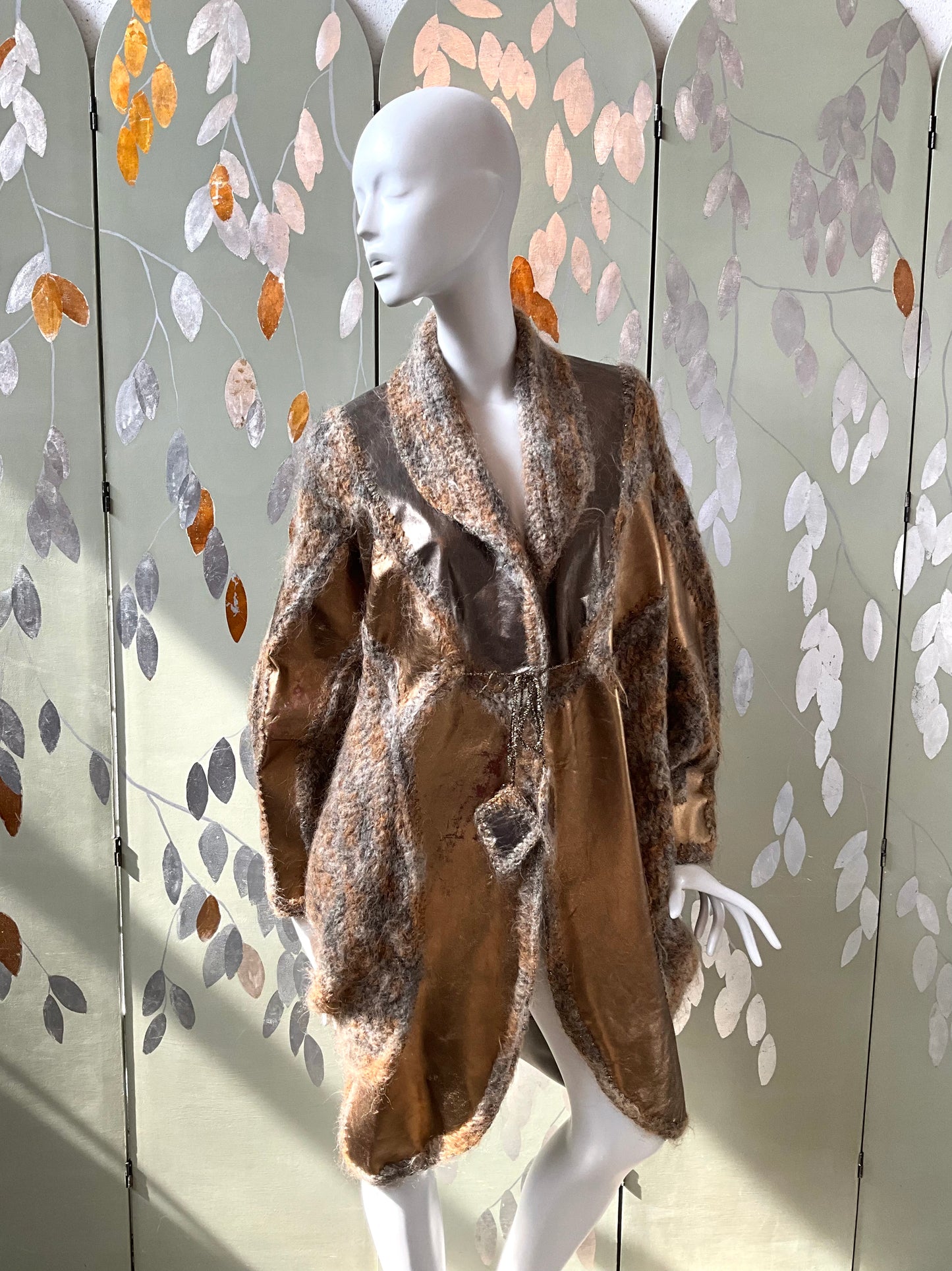 Vintage 1980s Norma Gold Metallic Leather and Wool Patchwork Coat