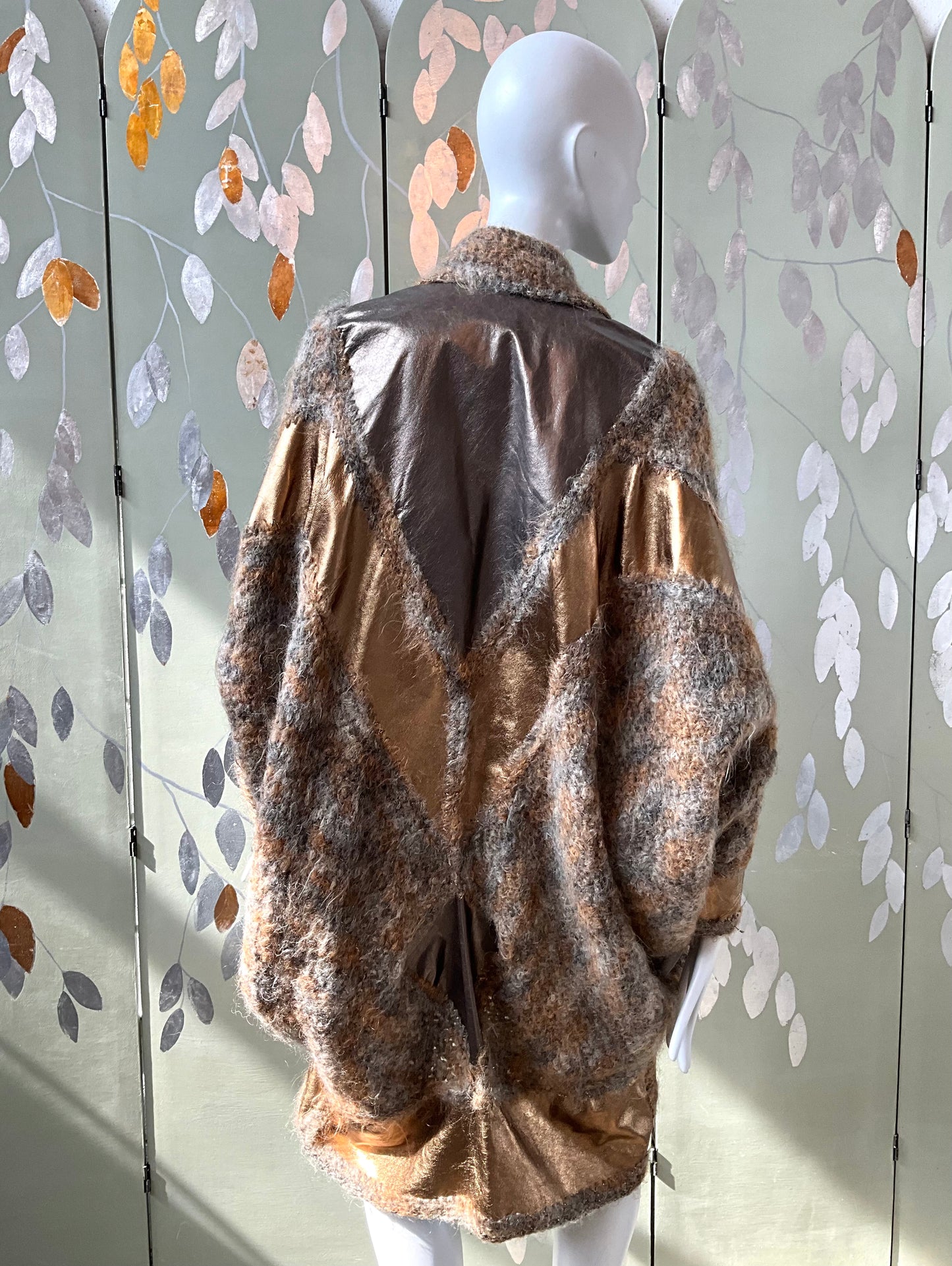 Vintage 1980s Norma Gold Metallic Leather and Wool Patchwork Coat