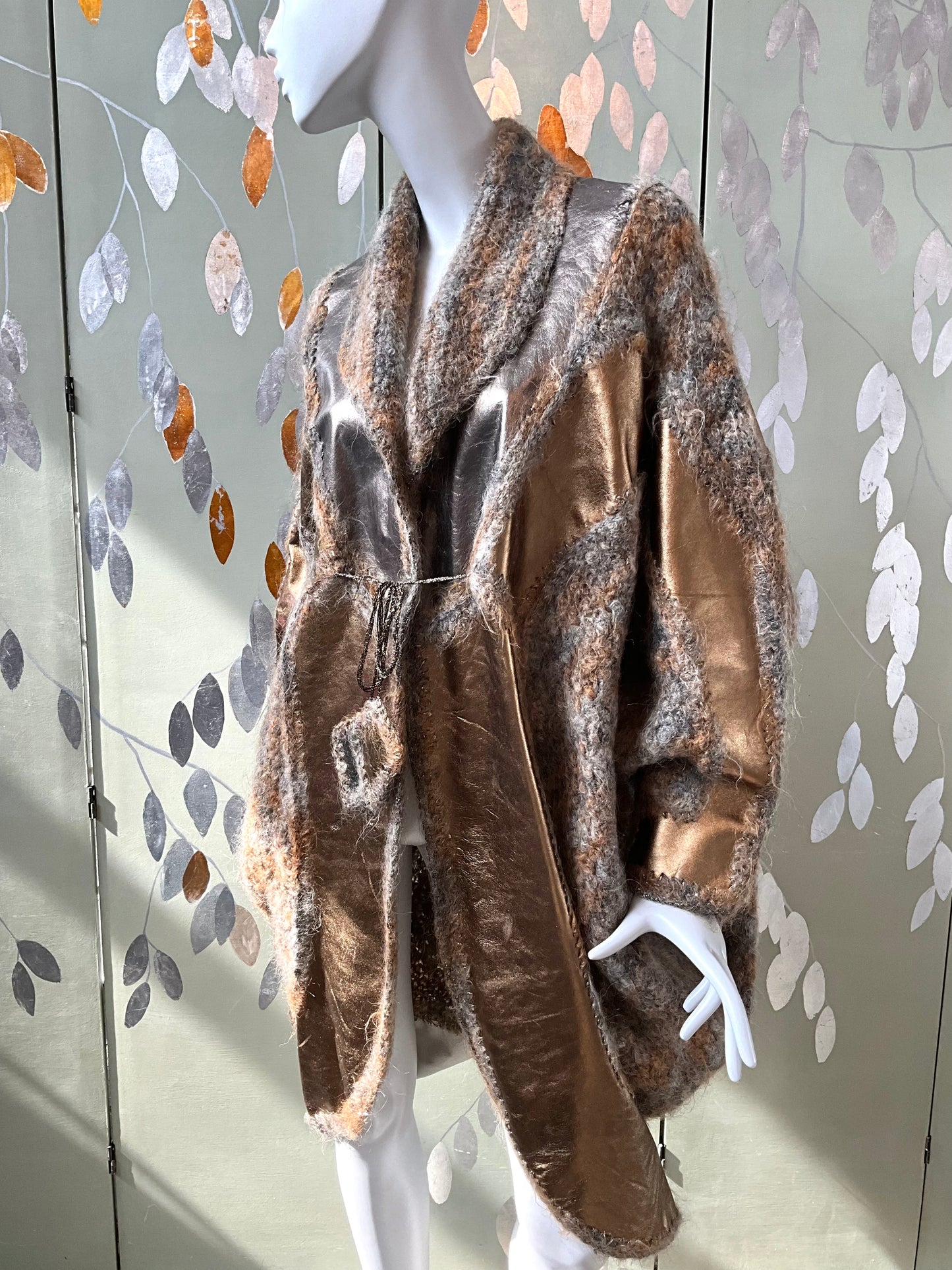 Vintage 1980s Norma Gold Metallic Leather and Wool Patchwork Coat