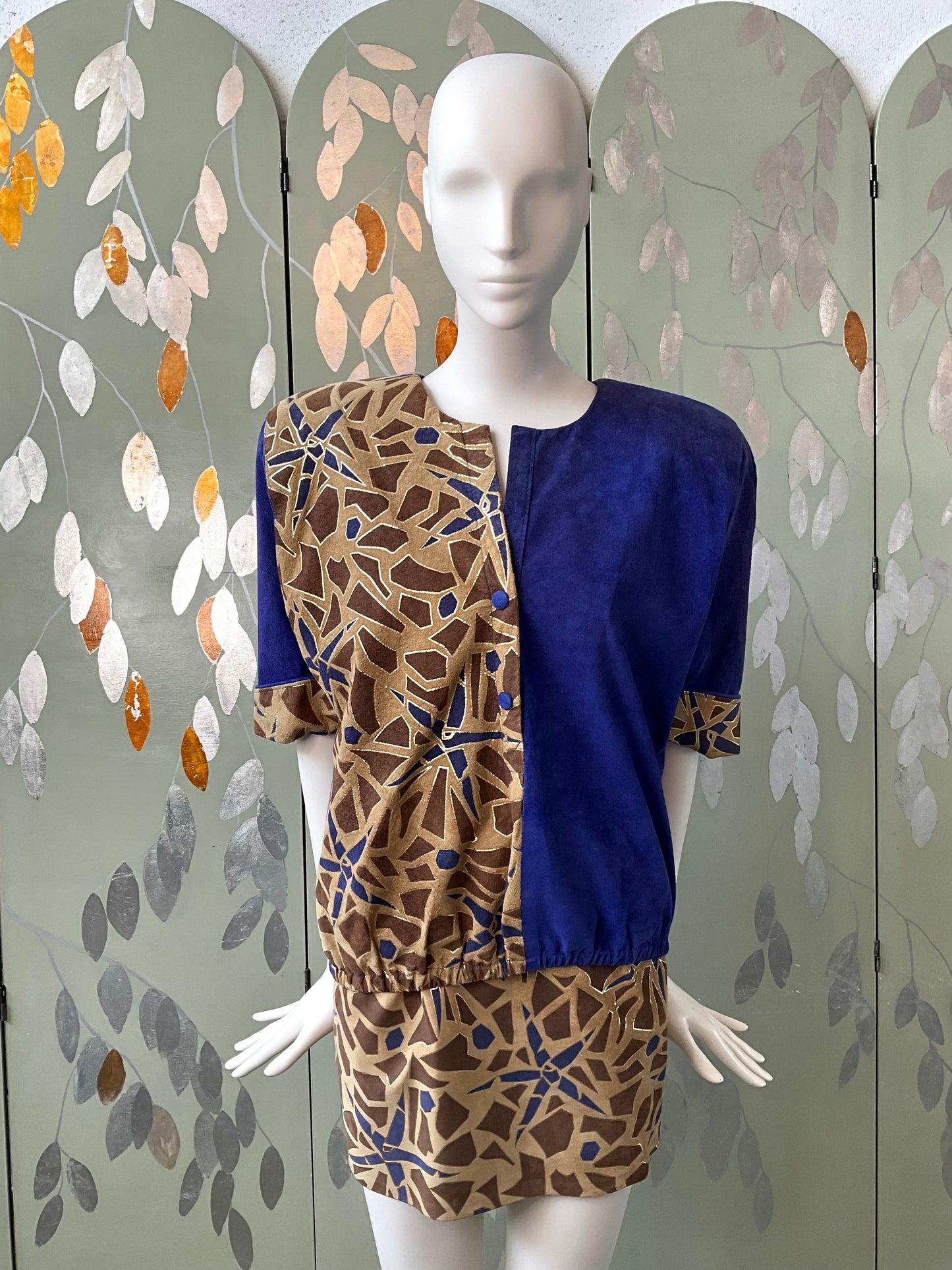 Vintage 1980s Blue Brown Patterned Suede 4 Piece Set, XS