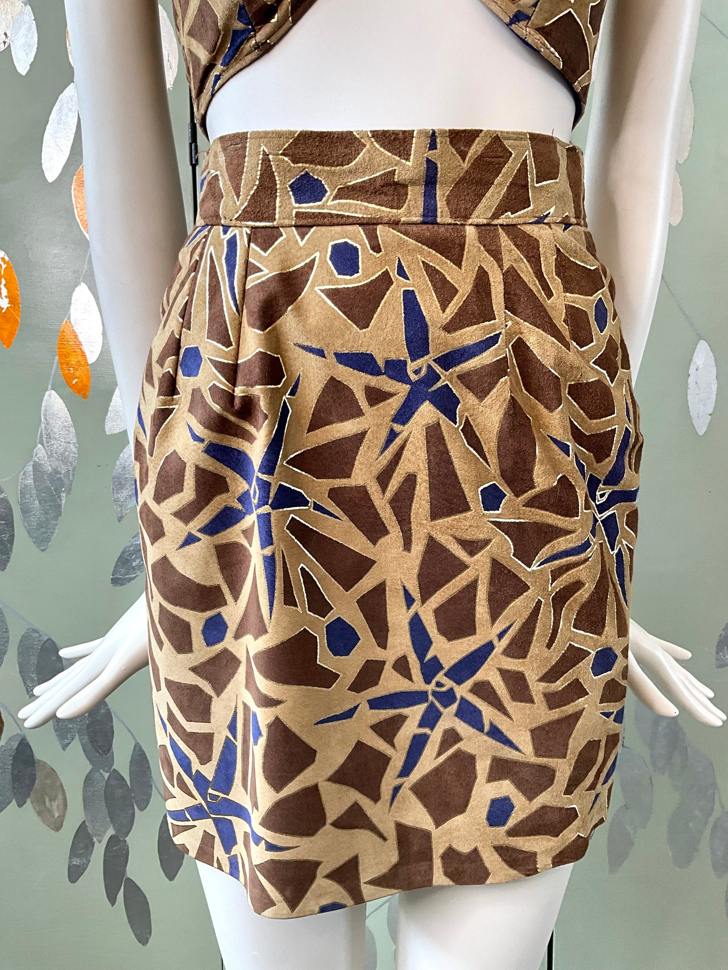 Vintage 1980s Blue Brown Patterned Suede 4 Piece Set, XS