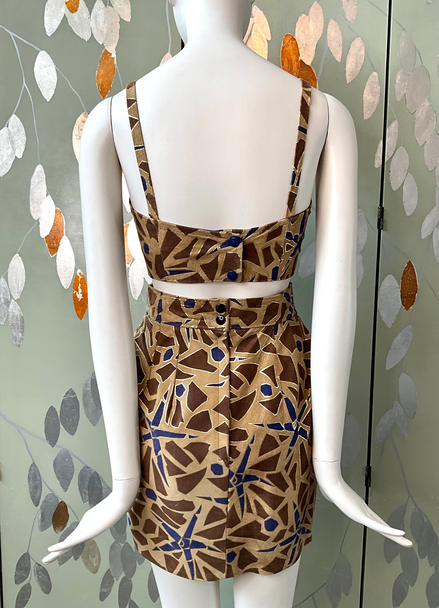 Vintage 1980s Blue Brown Patterned Suede 4 Piece Set, XS