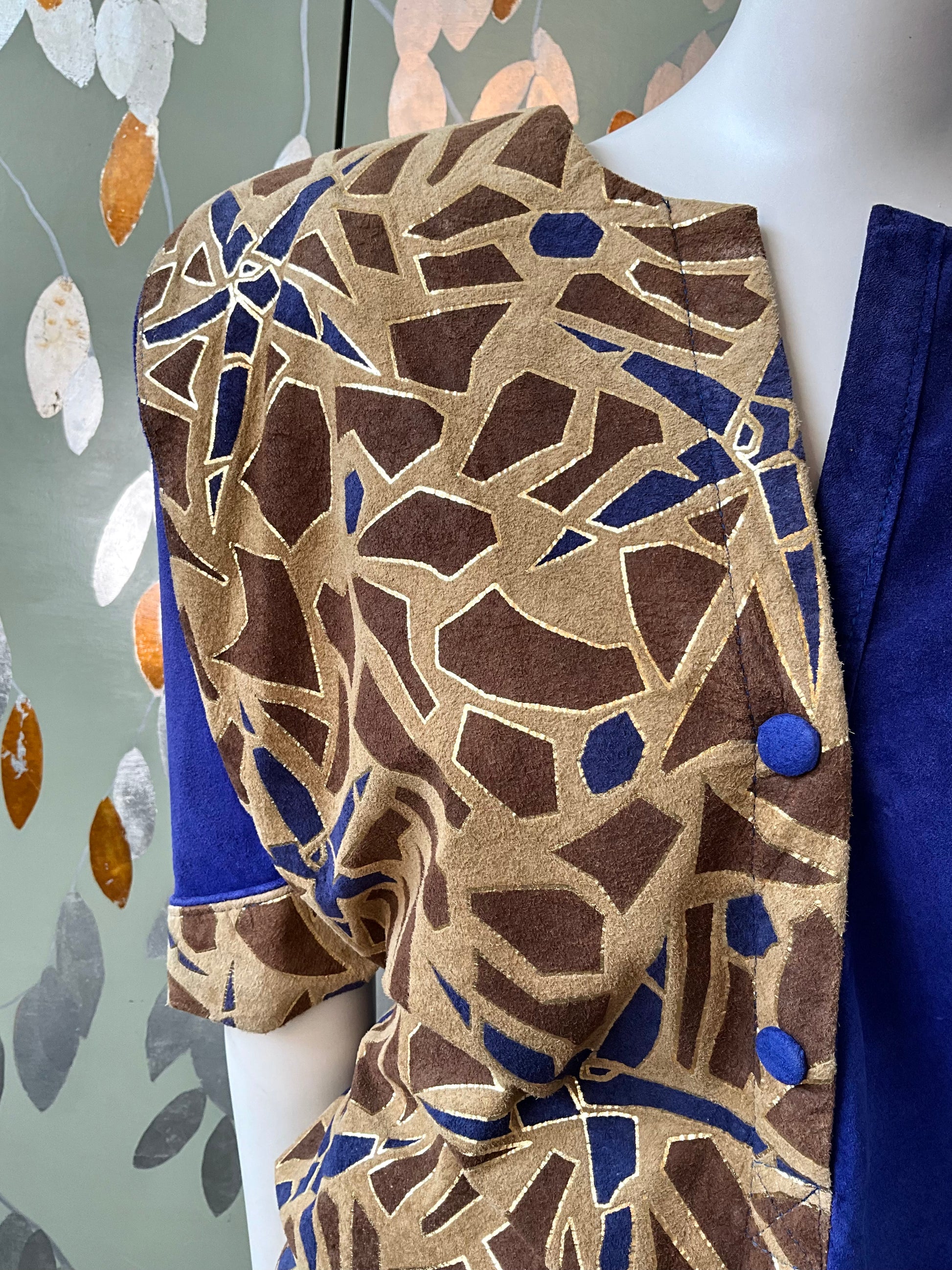 Vintage 1980s Blue Brown Patterned Suede 4 Piece Set, XS