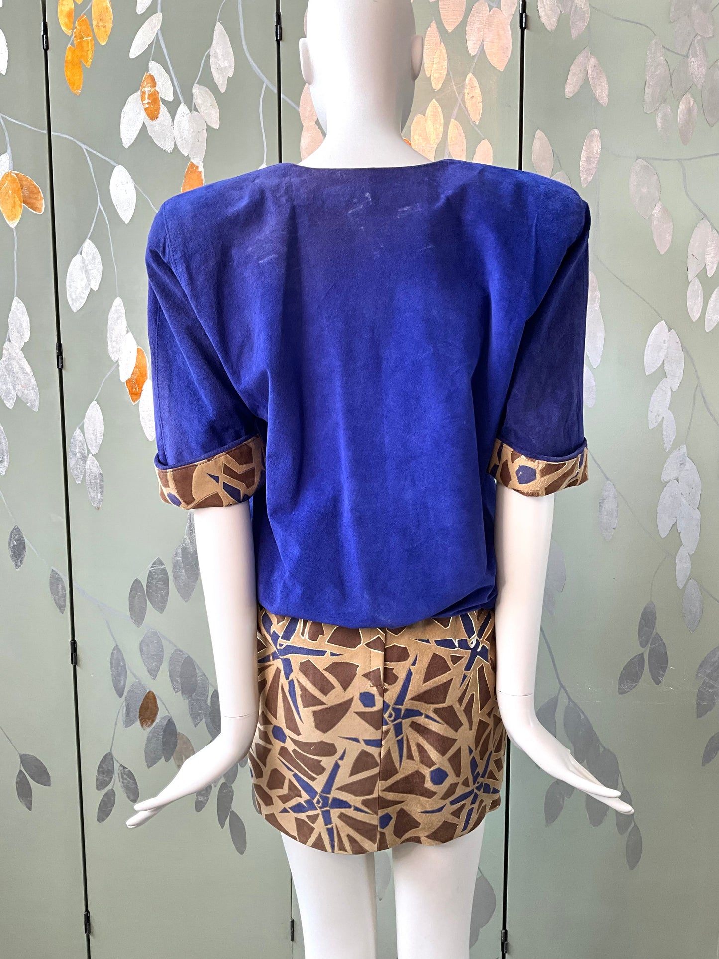 Vintage 1980s Blue Brown Patterned Suede 4 Piece Set, XS