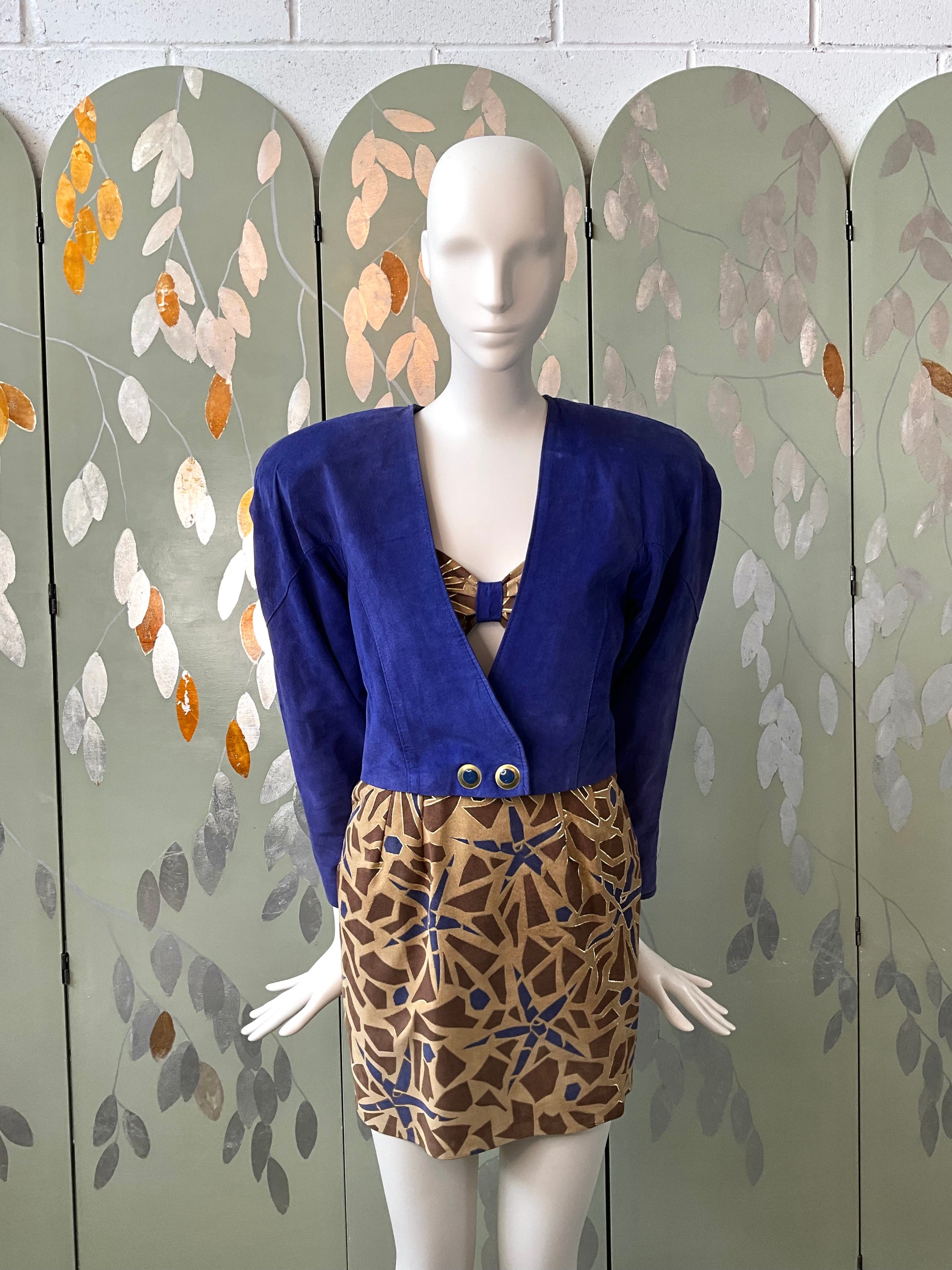 Vintage 1980s Blue Brown Patterned Suede 4 Piece Set, XS