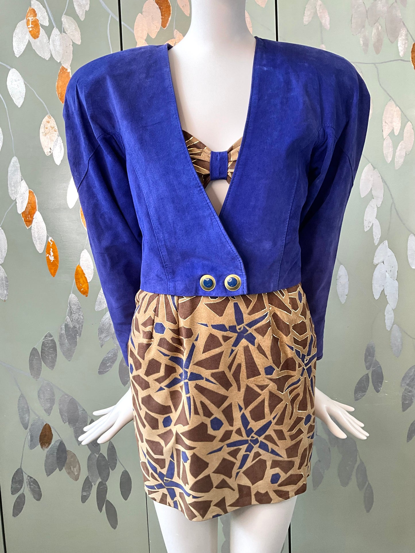 Vintage 1980s Blue Brown Patterned Suede 4 Piece Set, XS