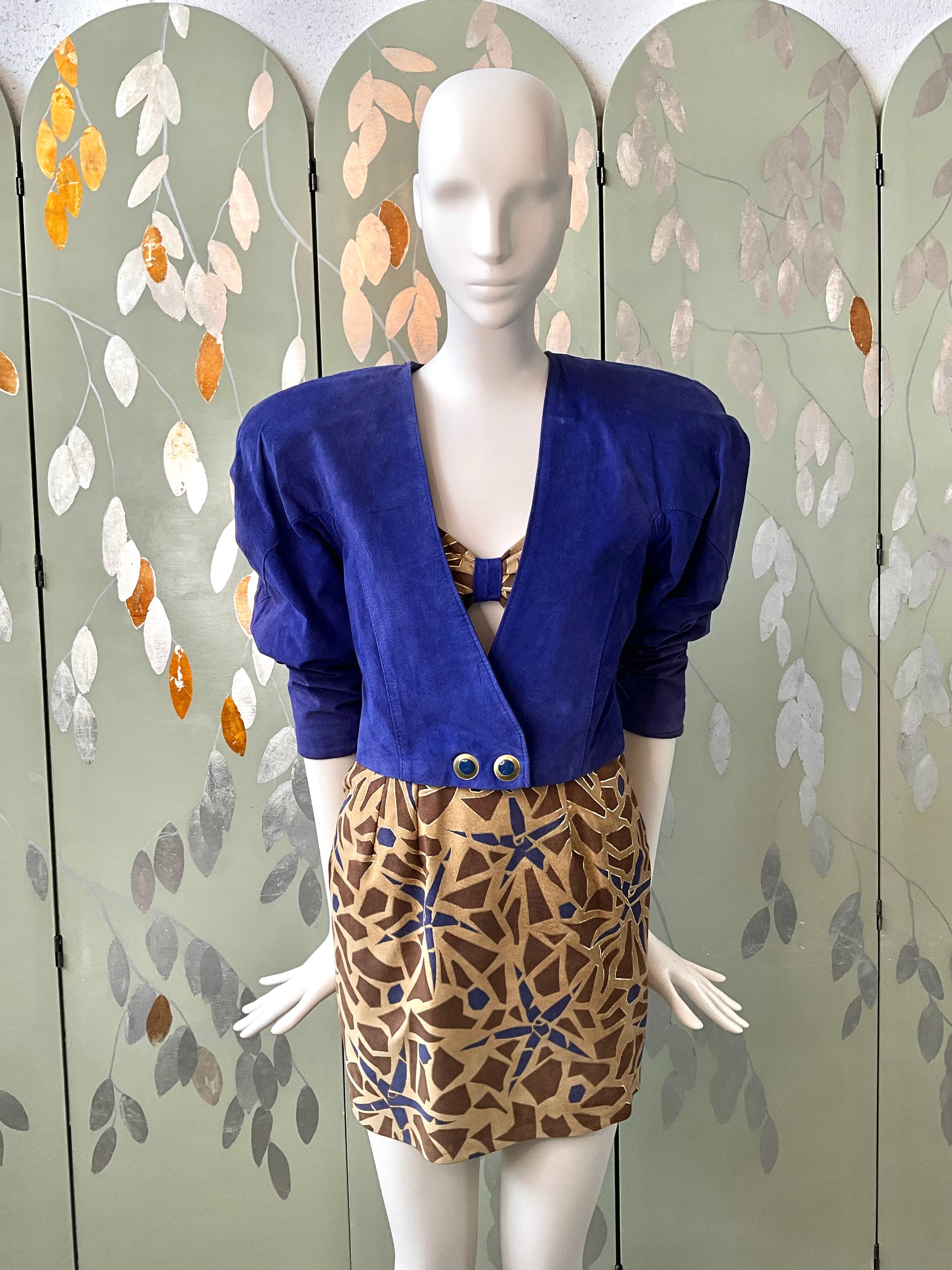 Vintage 1980s Blue Brown Patterned Suede 4 Piece Set, XS