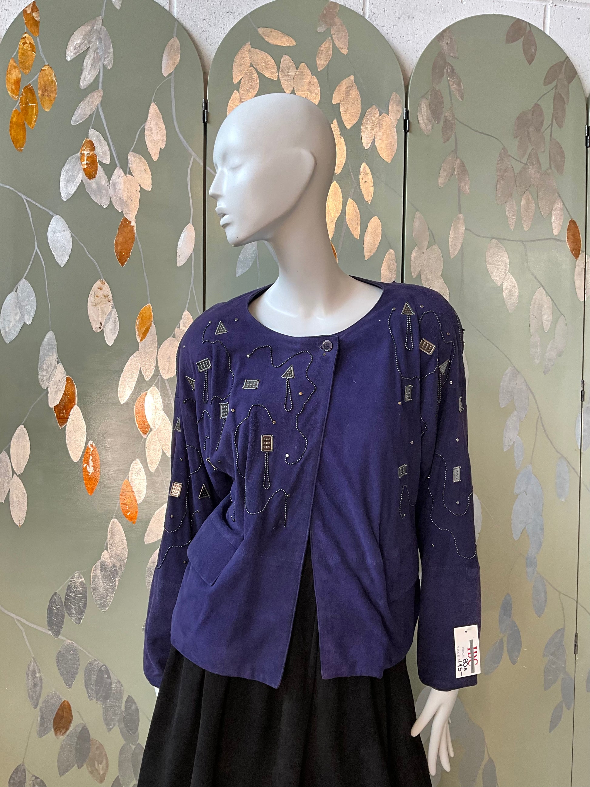 Vintage 1980s Blue Purple Suede Embellished Jacket, M/L