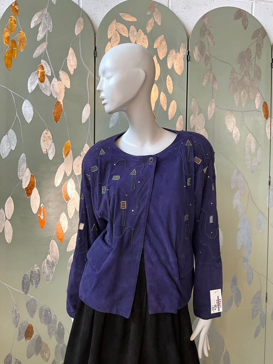 Vintage 1980s Blue Purple Suede Embellished Jacket, M/L