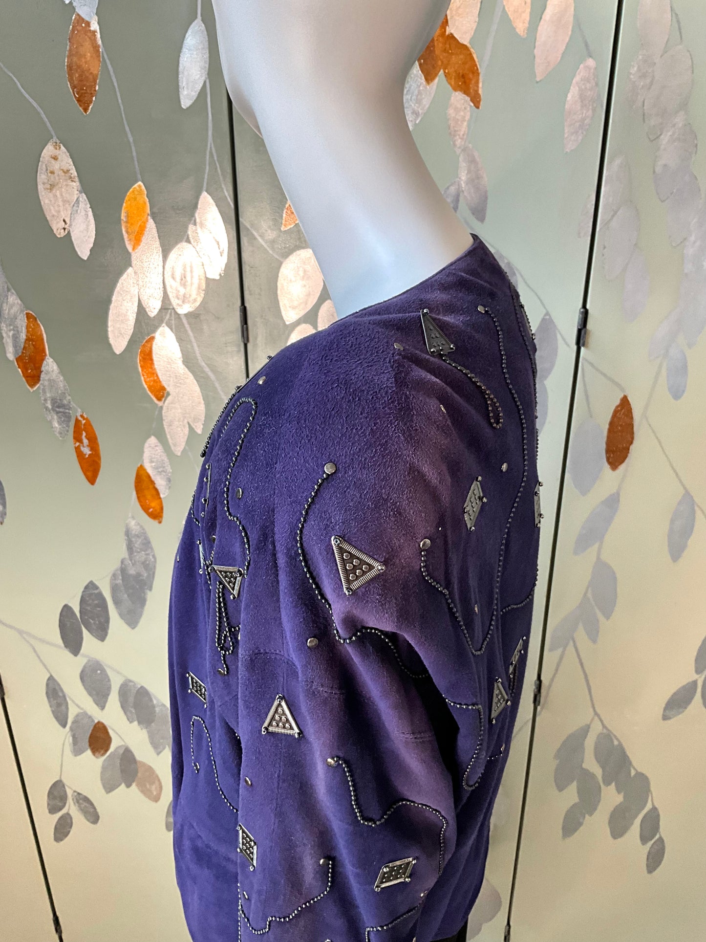 Vintage 1980s Blue Purple Suede Embellished Jacket, M/L