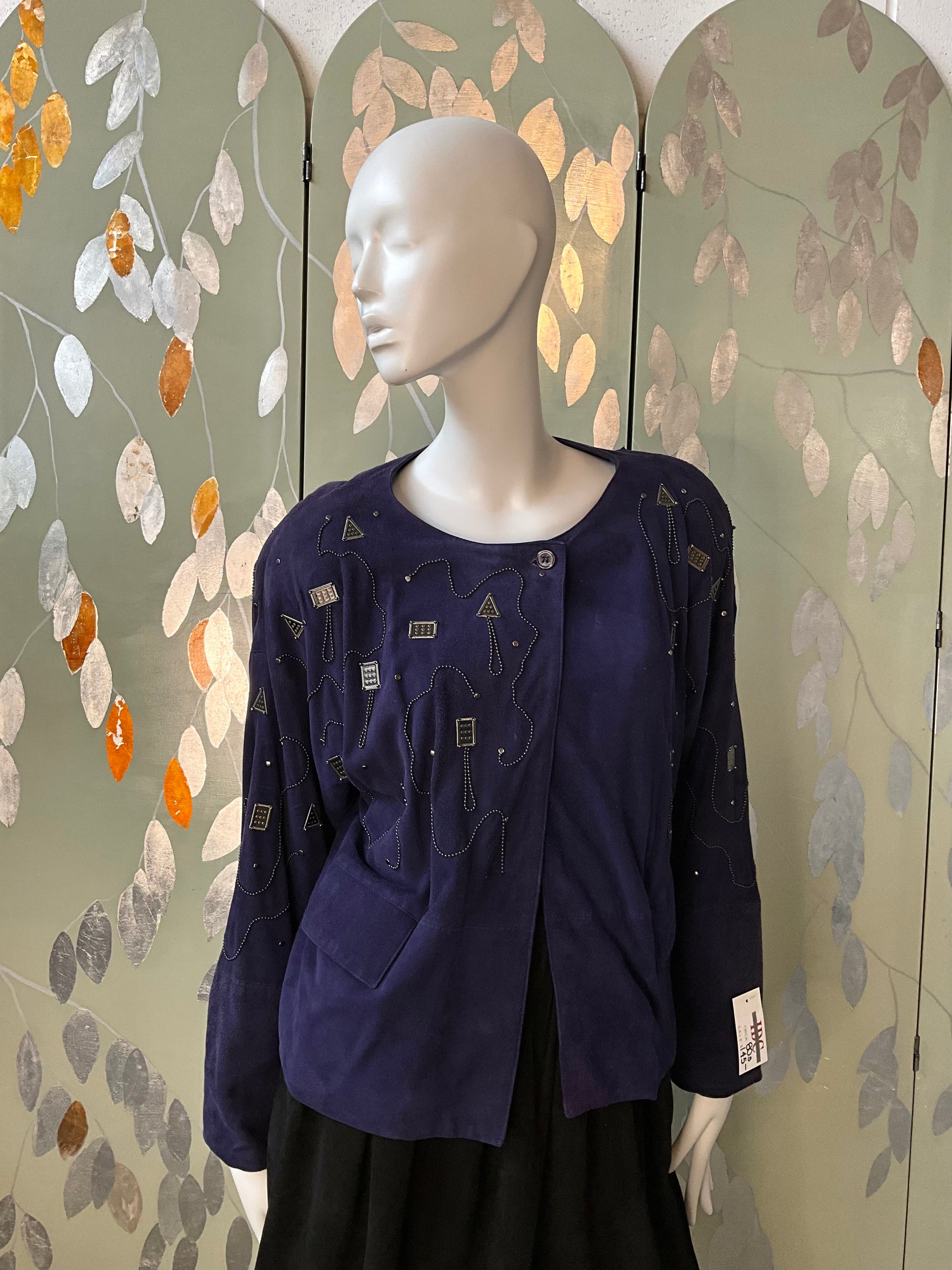 Vintage 1980s Blue Purple Suede Embellished Jacket, M/L
