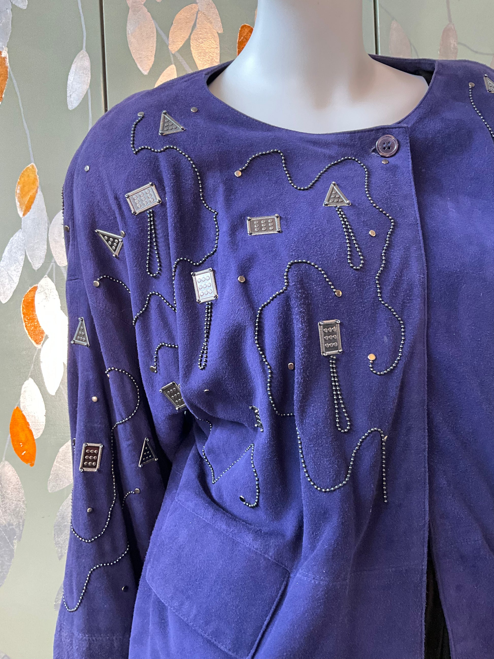 Vintage 1980s Blue Purple Suede Embellished Jacket, M/L