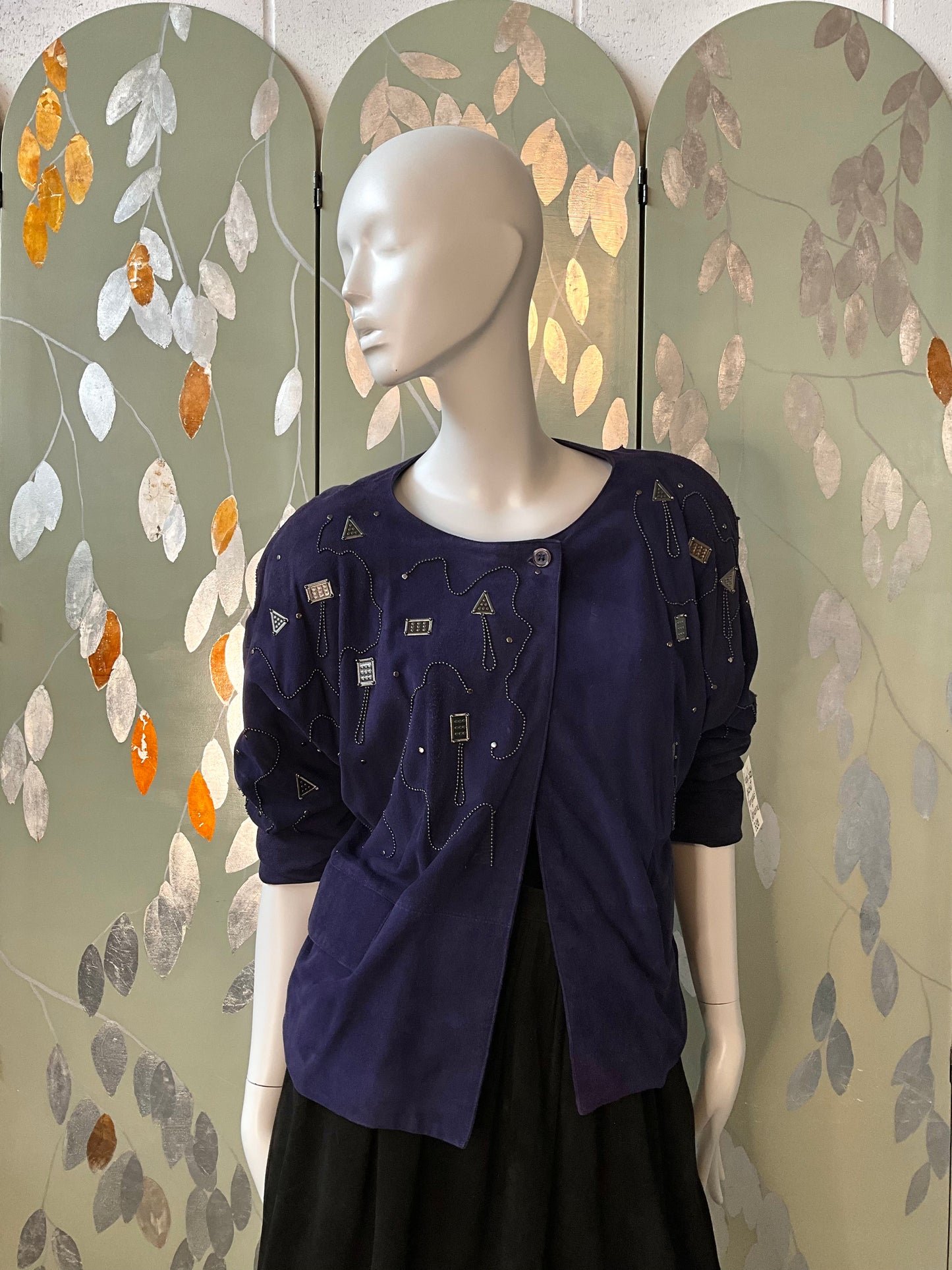 Vintage 1980s Blue Purple Suede Embellished Jacket, M/L