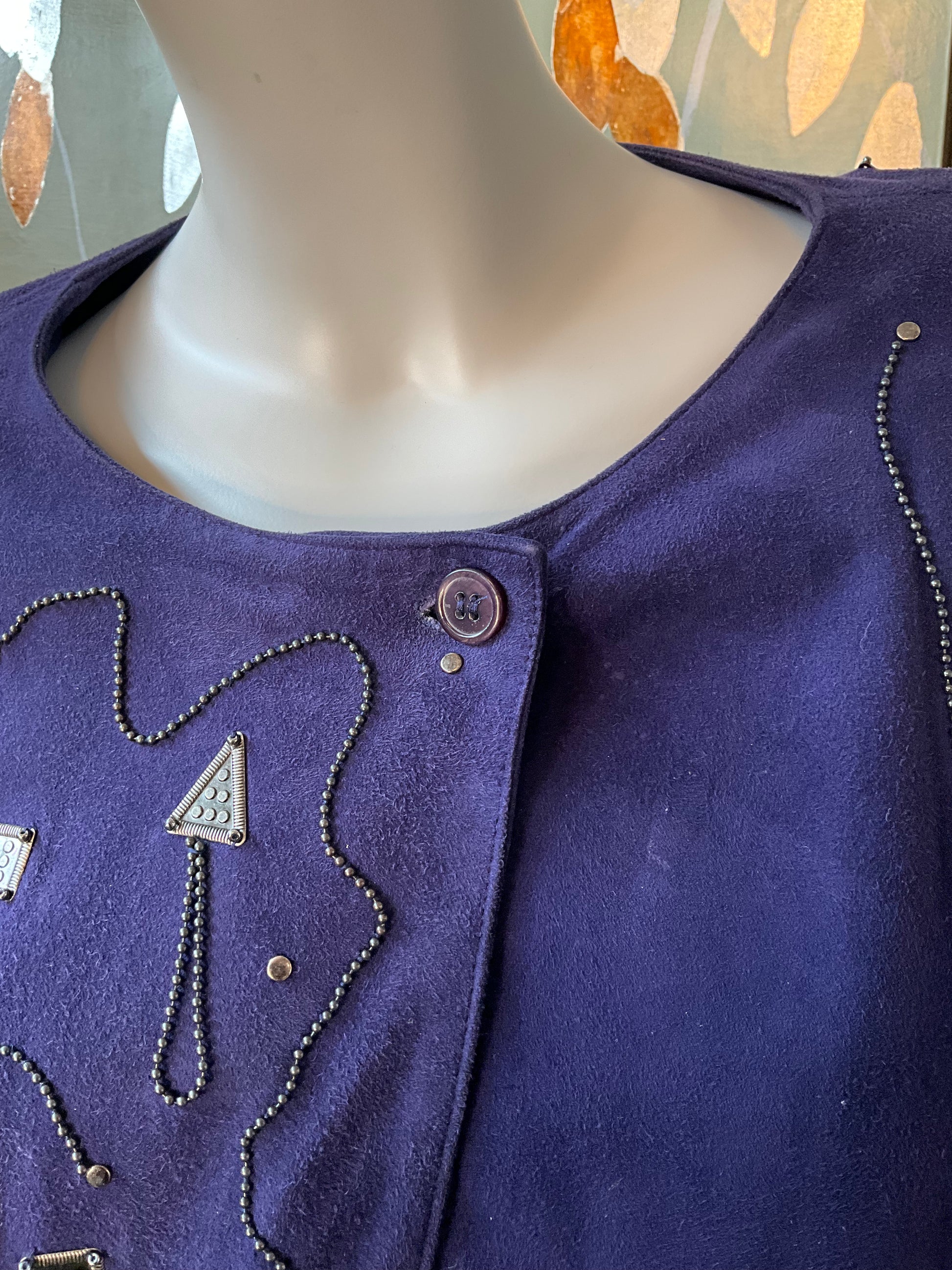Vintage 1980s Blue Purple Suede Embellished Jacket, M/L